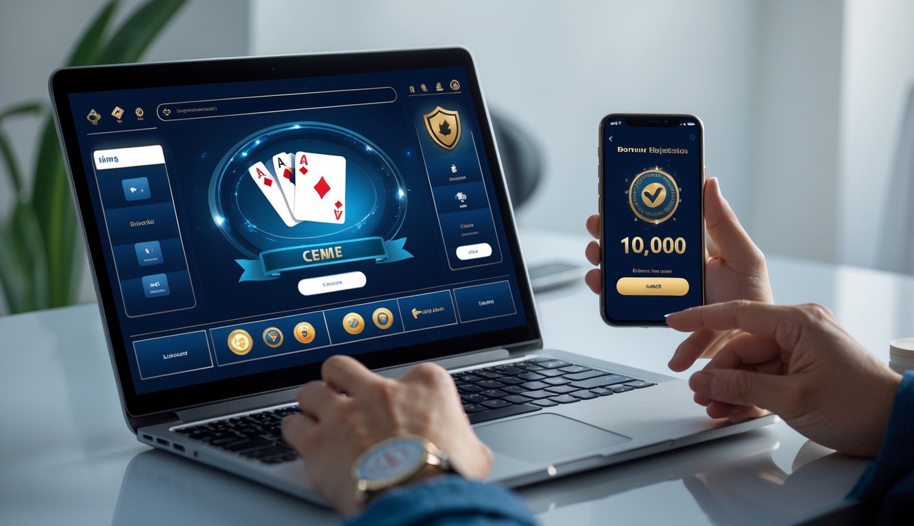 Seseorang menggunakan laptop dan ponsel untuk bermain permainan kartu online dan melakukan deposit uang secara aman.