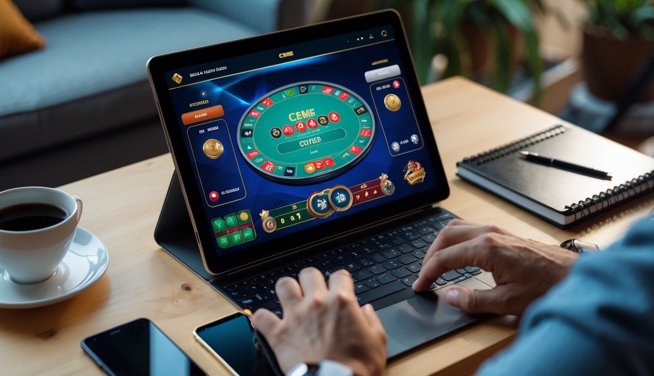 Seseorang sedang bermain permainan Ceme online menggunakan laptop di sebuah ruangan yang nyaman.