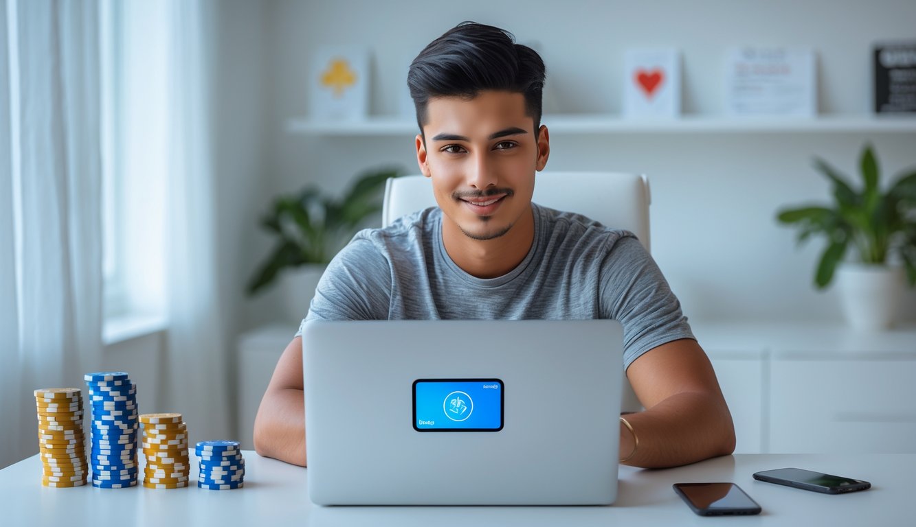 Seorang pria muda duduk di meja dengan laptop dan smartphone, di sekitarnya terdapat chip poker dan kartu remi.
