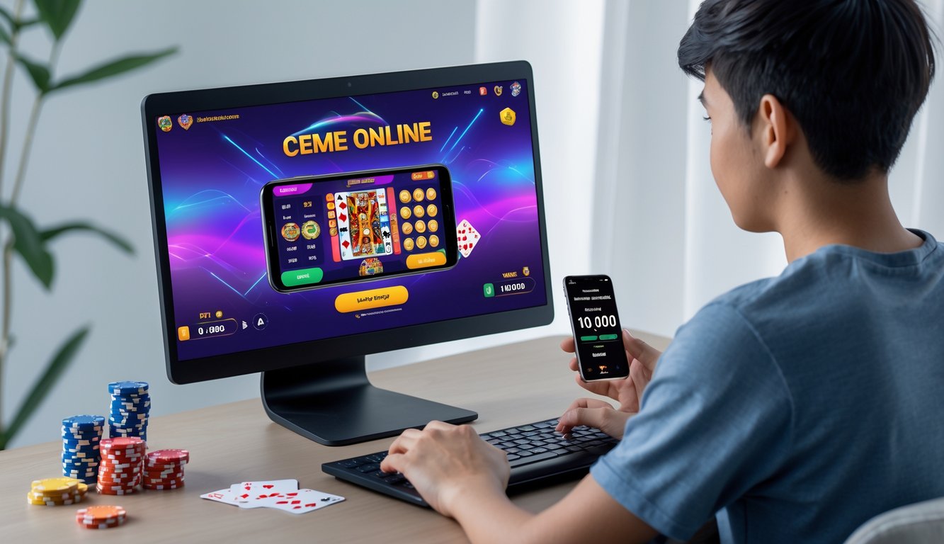 Seorang pemain muda menggunakan laptop dengan permainan kartu online dan chip poker di atas meja.