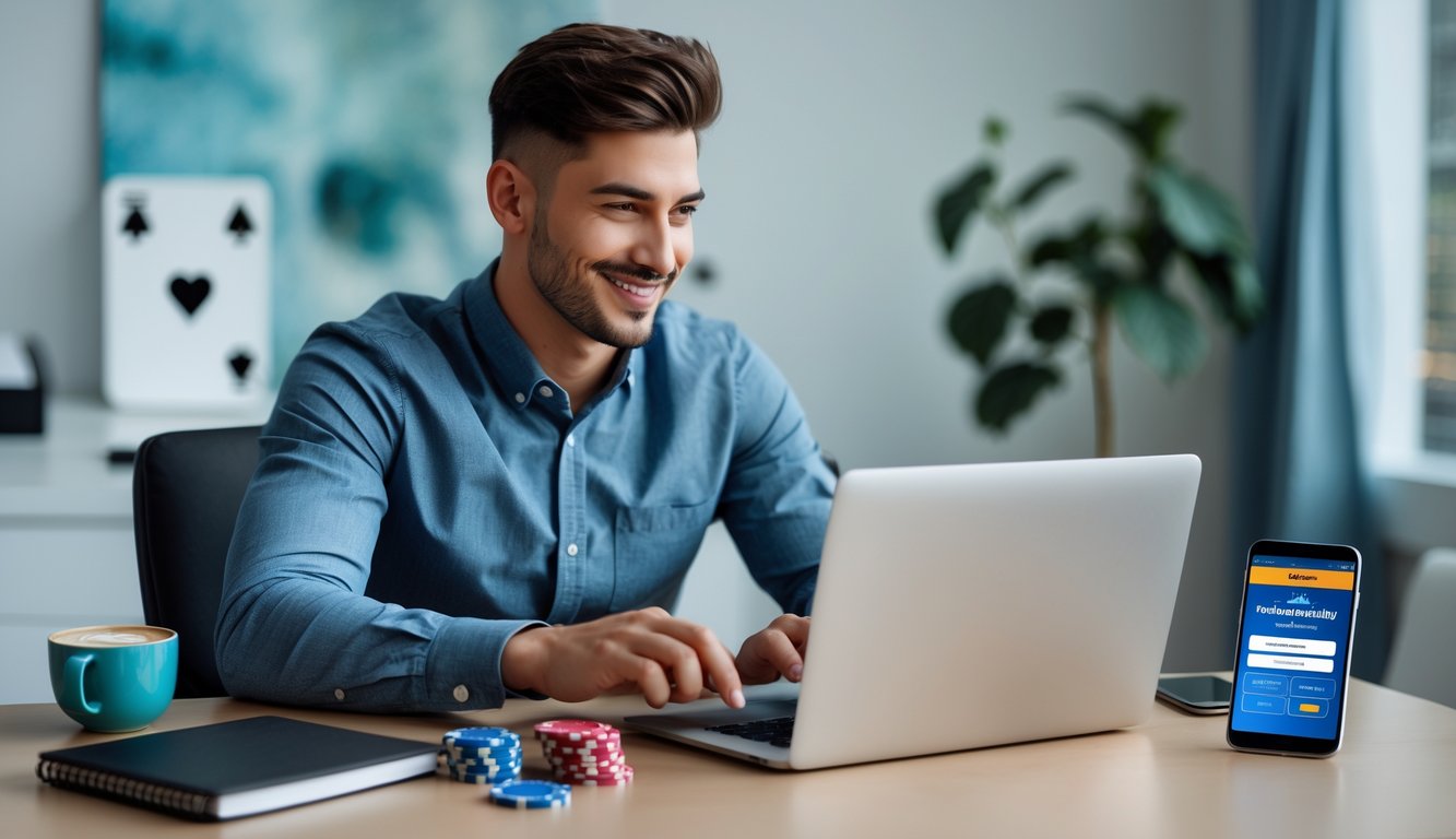 Seorang pria muda duduk di meja modern menggunakan laptop untuk bermain judi online dengan kartu dan chip poker di sekitarnya.