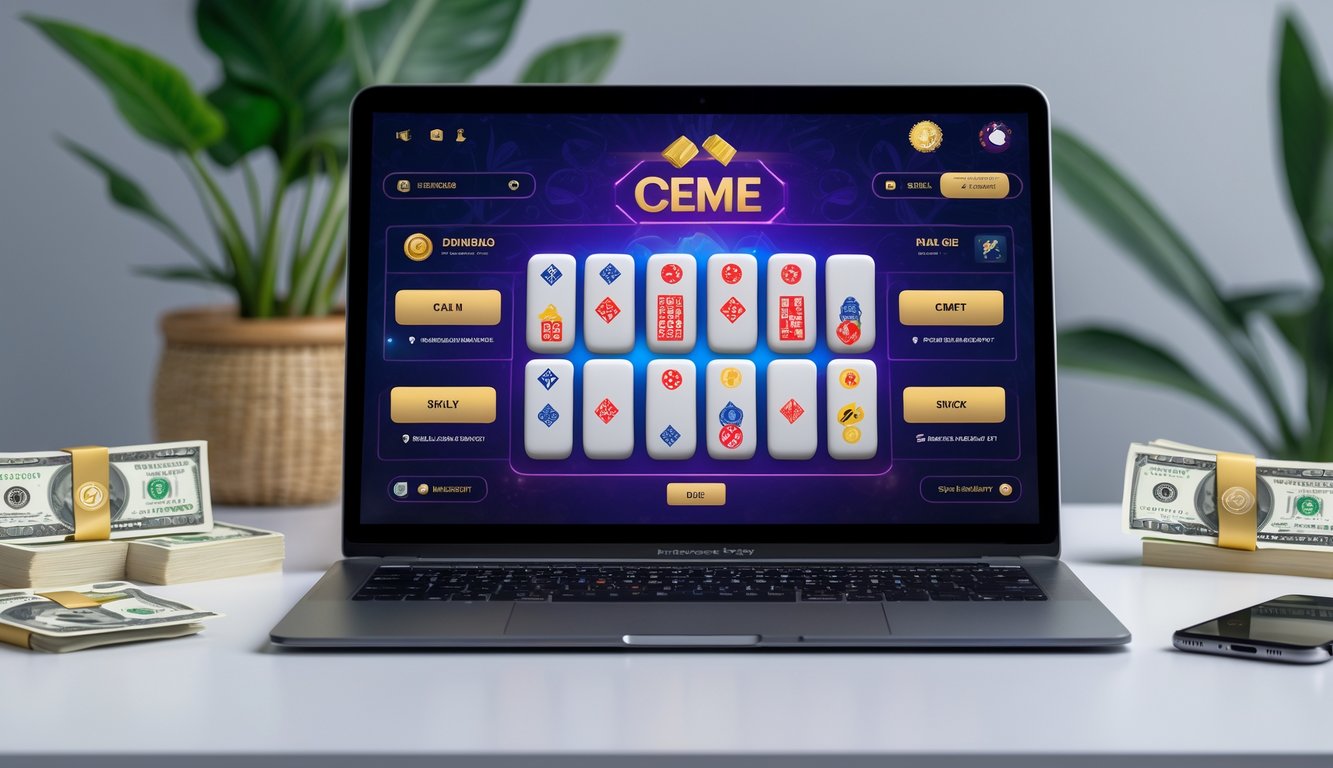 Seseorang menggunakan laptop dengan tampilan permainan Ceme online dan beberapa elemen uang di meja.