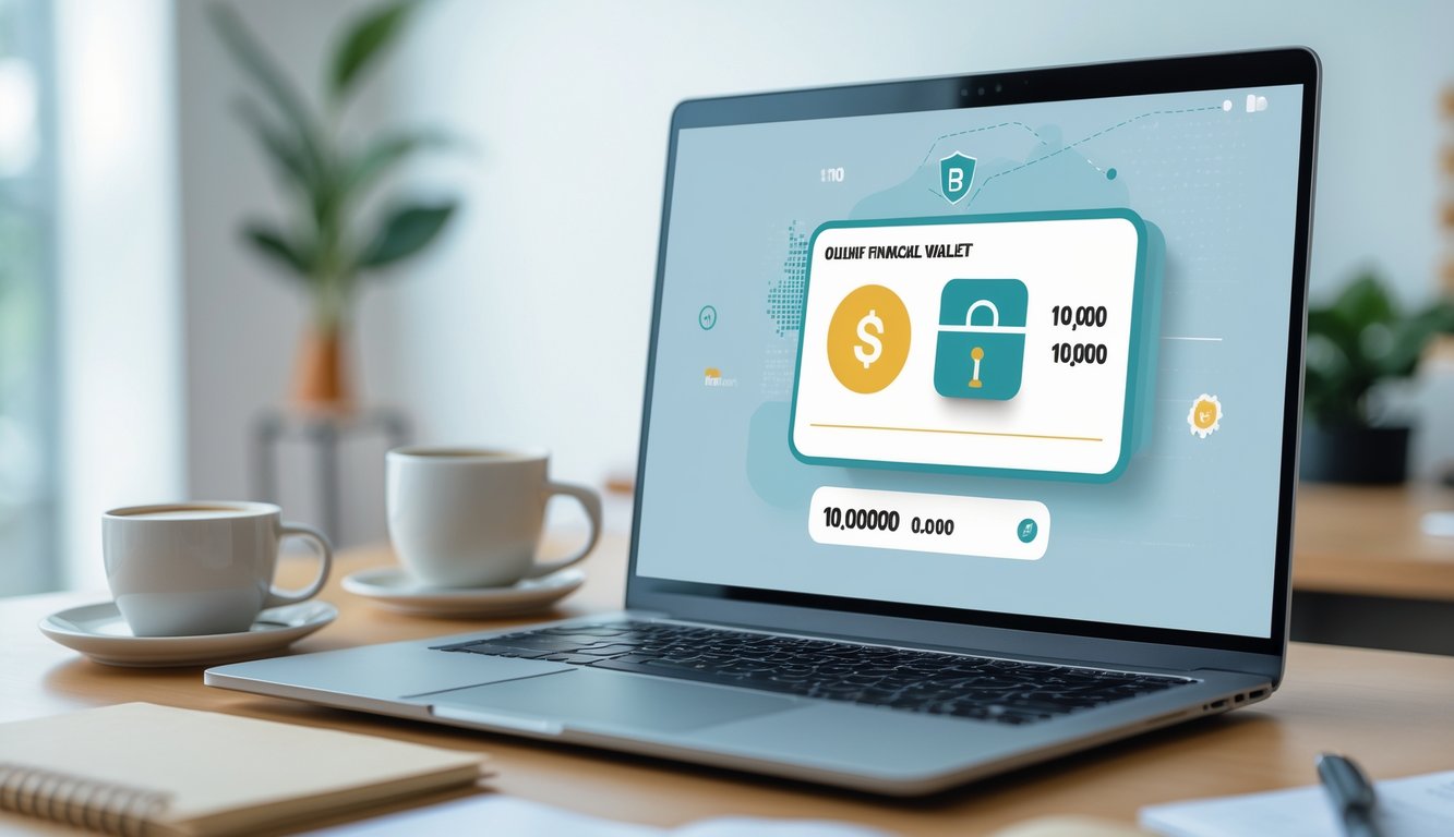 Seseorang menggunakan laptop atau ponsel untuk melakukan transaksi keuangan online dengan tampilan saldo 10 ribu rupiah di layar.