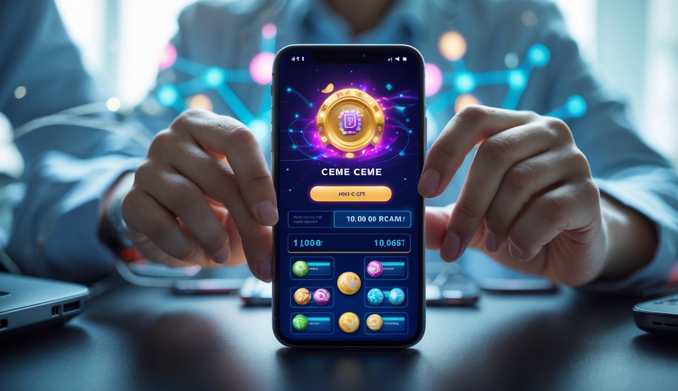 Seseorang menggunakan ponsel untuk bermain permainan Ceme online dengan tampilan antarmuka permainan yang berwarna-warni.