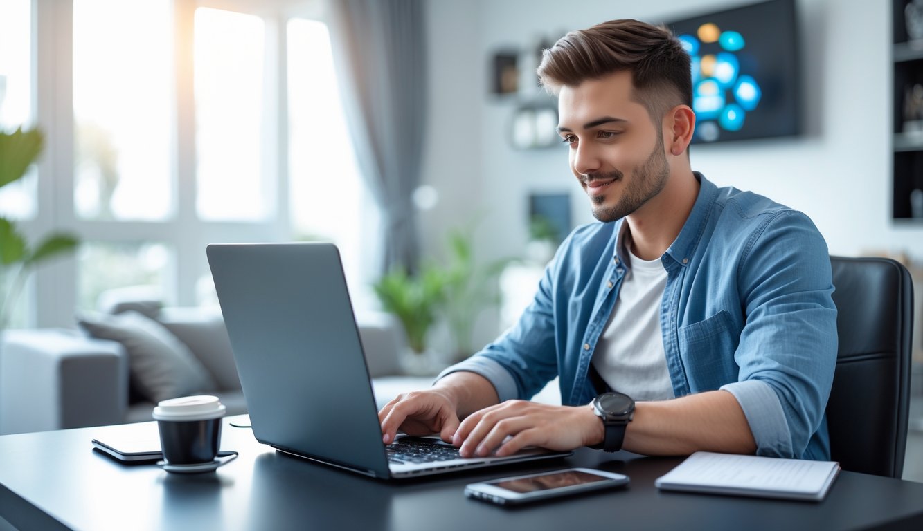 Seorang pria muda duduk di meja dengan laptop, bermain permainan kartu online di ruang tamu yang rapi dan terang.