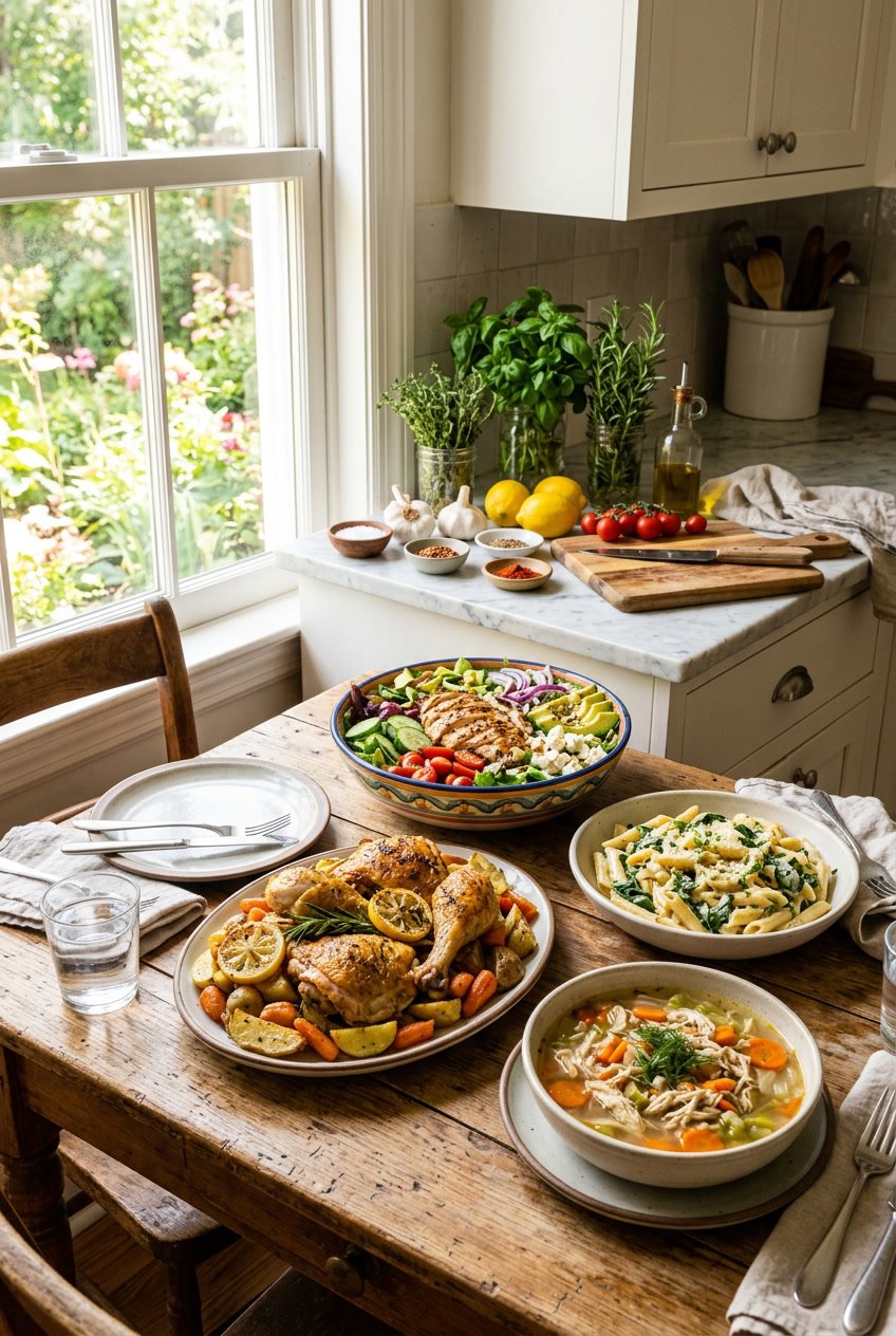 A spread of cooked chicken dishes including roasted chicken, chicken salad, pasta, and soup arranged on a table with fresh ingredients in a bright kitchen.