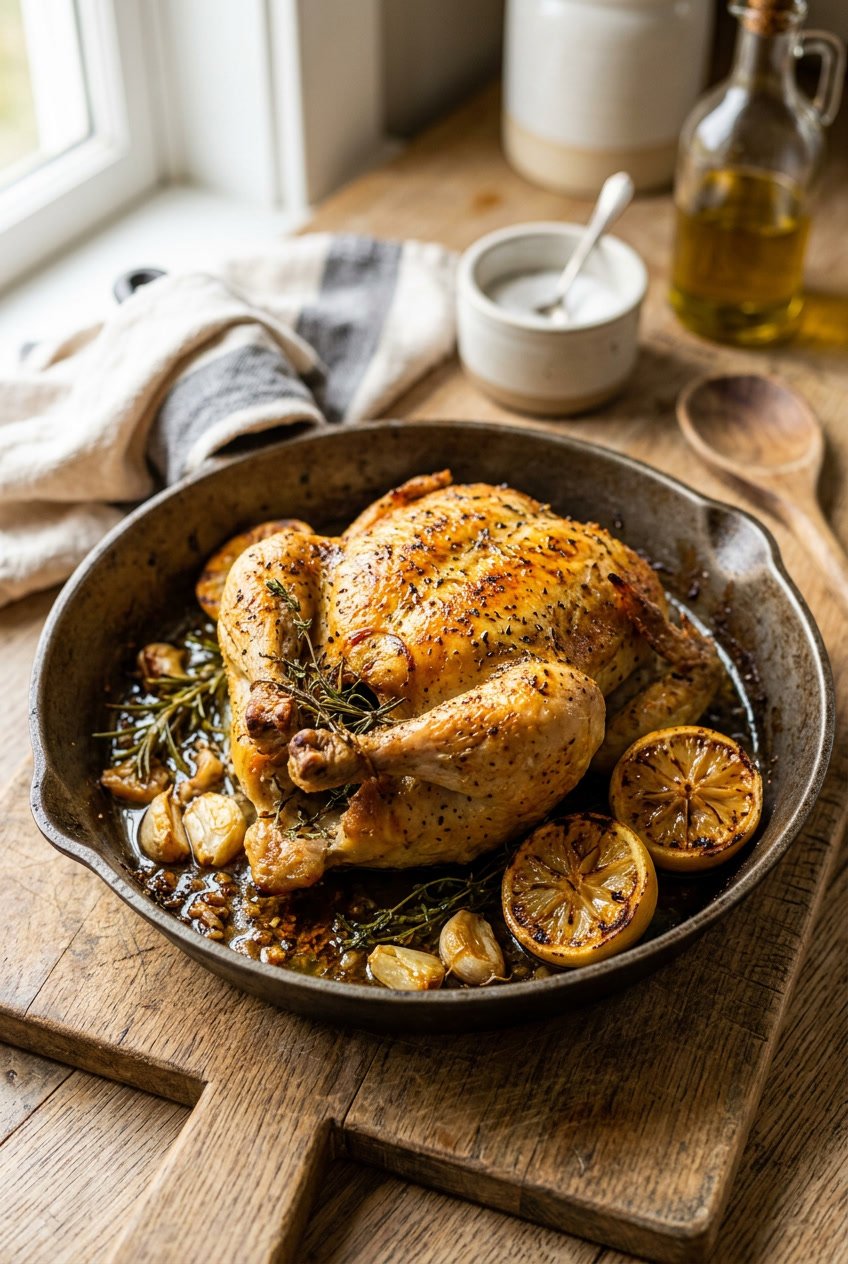 Bone-in chicken thighs roasted golden brown with halved lemon slices, whole garlic cloves, and fresh rosemary in a dark roasting pan.