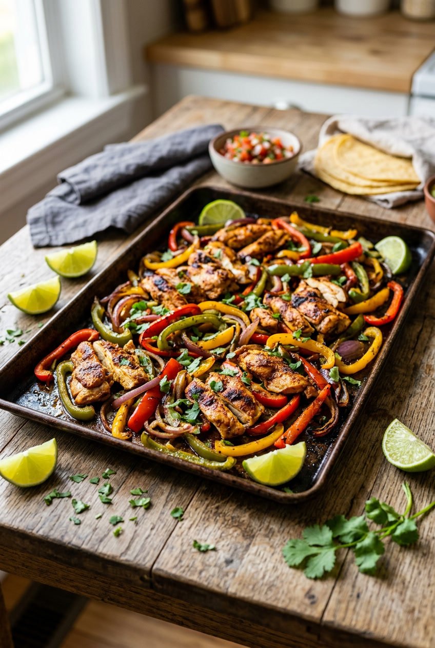Sliced chicken strips with charred red, yellow, and green bell peppers and onions on a foil-lined baking sheet, garnished with lime wedges and fresh cilantro.