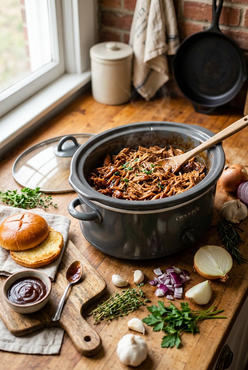 A slow cooker filled with saucy BBQ pulled chicken, with a brioche bun and fresh garnishes on a wooden cutting board nearby.