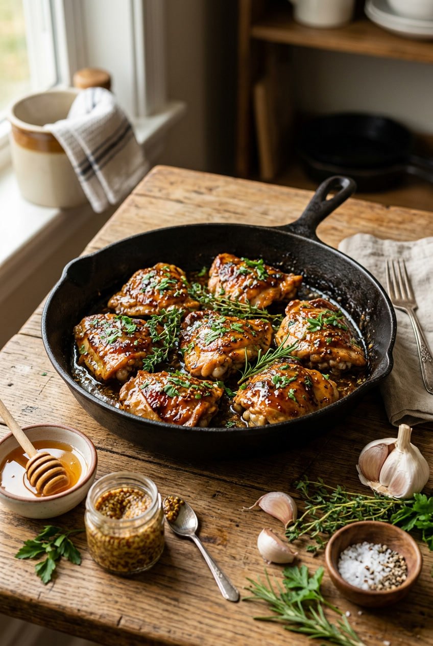 Golden brown chicken breasts in a cast iron skillet with a glossy honey mustard pan sauce, garnished with fresh thyme sprigs.
