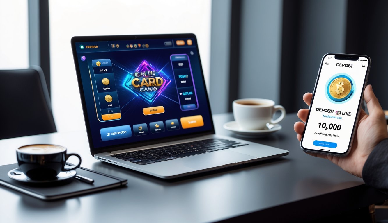 Seorang pemain duduk di depan laptop dengan layar permainan kartu online dan ponsel yang menunjukkan transaksi deposit yang aman.