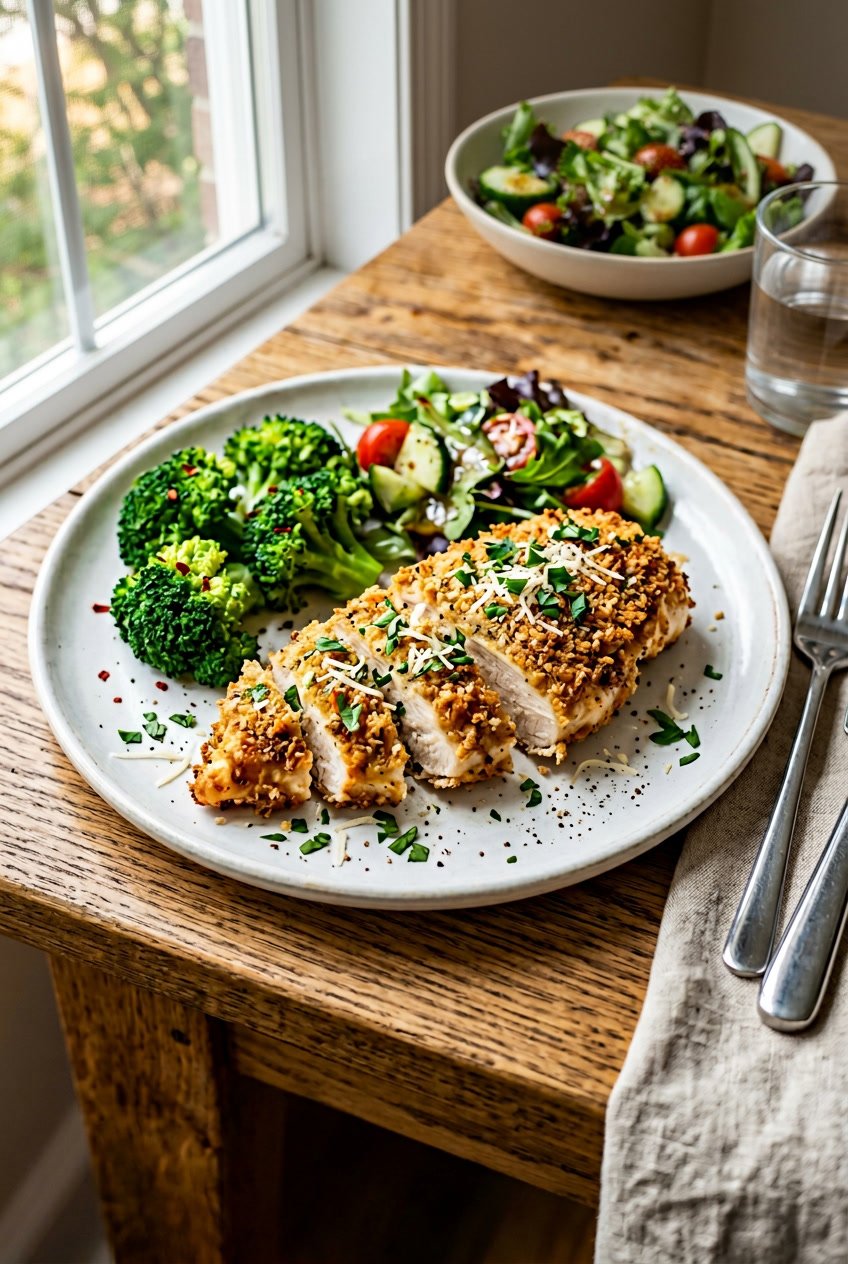 A plate of baked Parmesan crusted chicken breasts with a golden, textured coating, garnished with fresh flat-leaf parsley on a rustic wooden table.