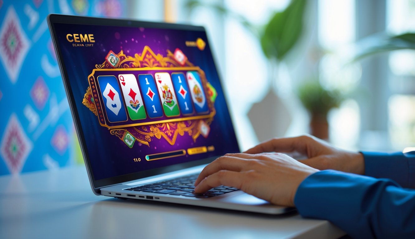 Seorang pengguna sedang bermain permainan kartu Ceme online di depan komputer dengan latar belakang dekorasi yang mengandung unsur budaya Indonesia.