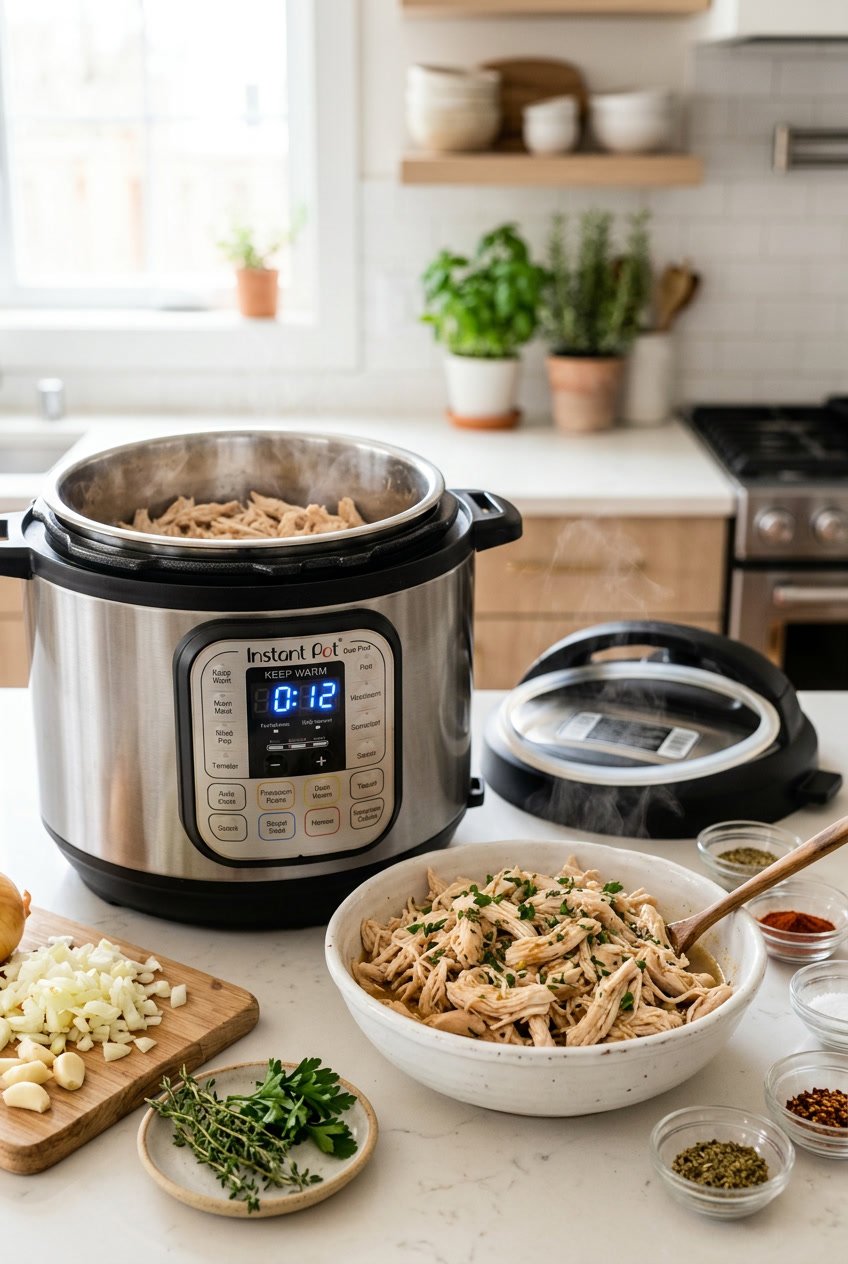 An Instant Pot with the lid off showing tender shredded chicken inside, surrounded by fresh garlic and herbs on a light kitchen countertop.