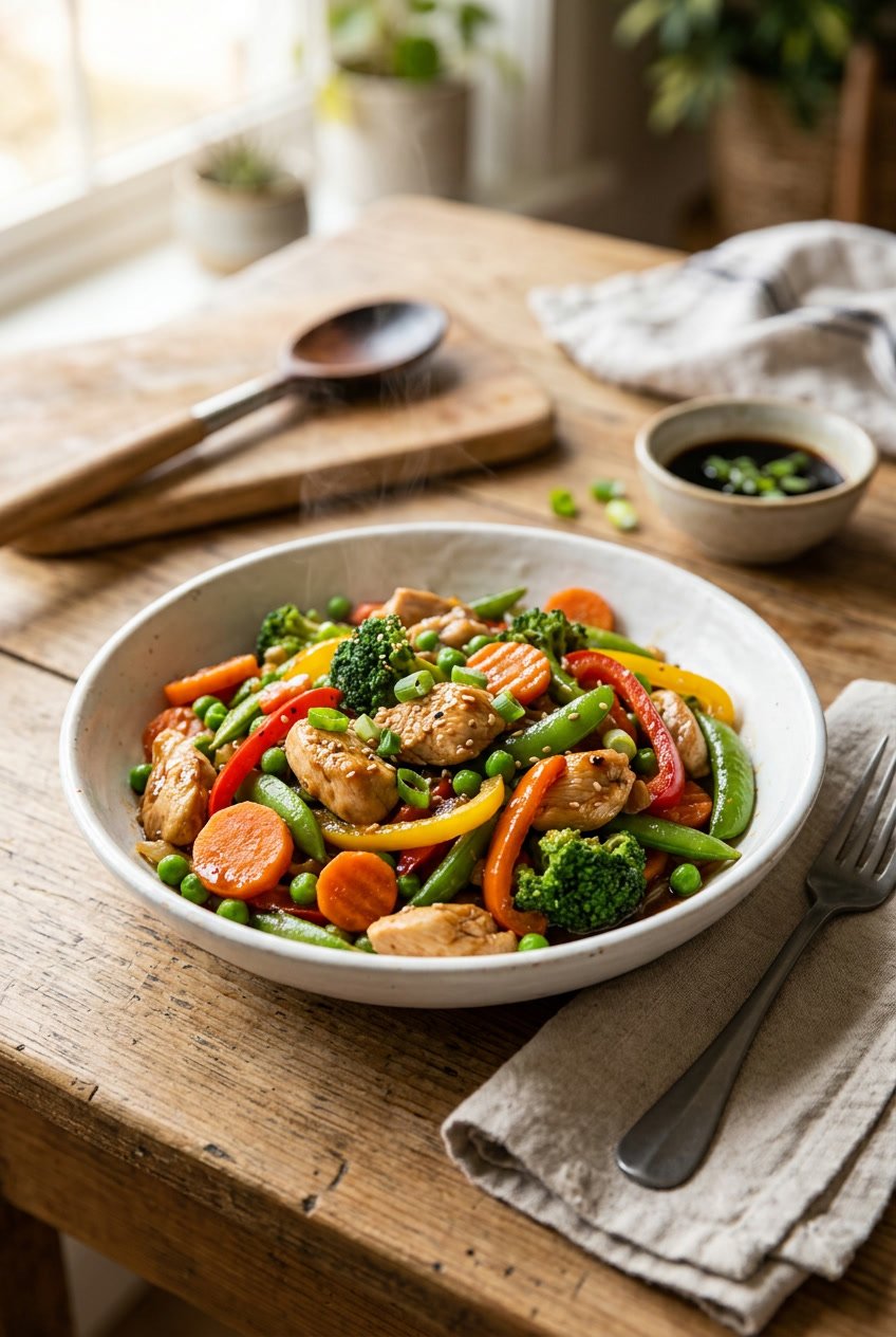 A white bowl of chicken stir-fry with broccoli, carrots, snap peas, and glossy soy sauce coating, served over steamed white rice on a wooden surface.