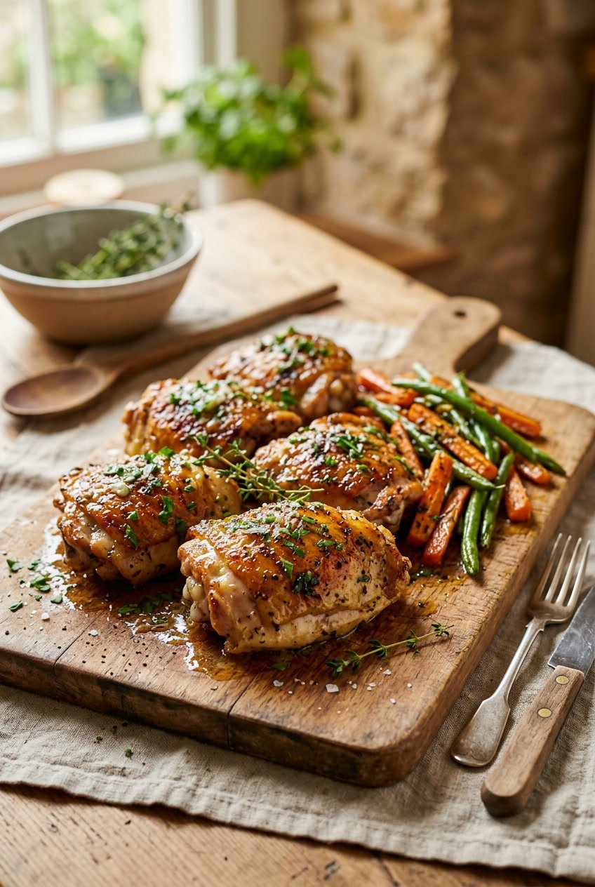 Six golden-skinned chicken thighs in a heavy skillet with a glistening garlic butter sauce, garnished with fresh parsley and served alongside roasted vegetables.