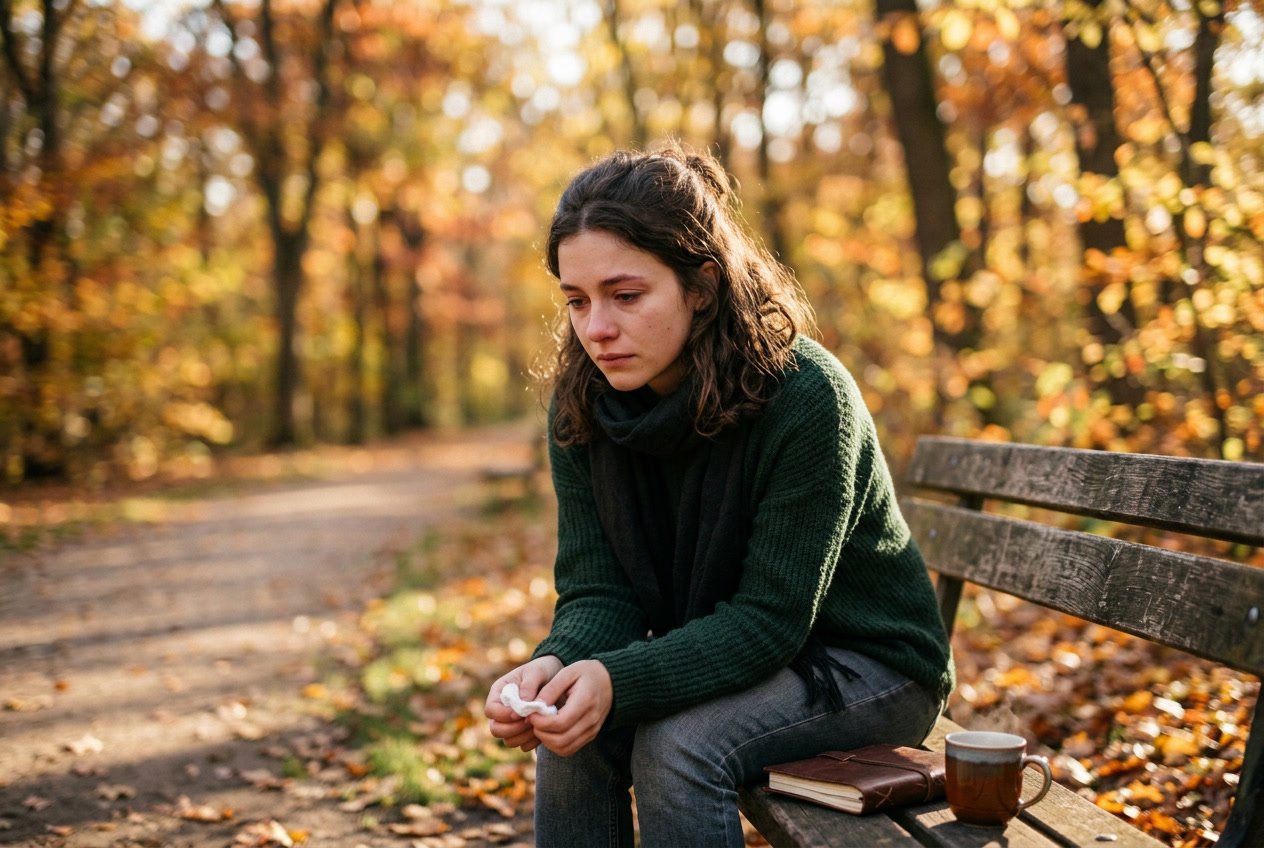 A young adult sitting alone on a park bench in autumn, looking down thoughtfully with a tissue in hand, surrounded by fallen leaves and soft sunlight.