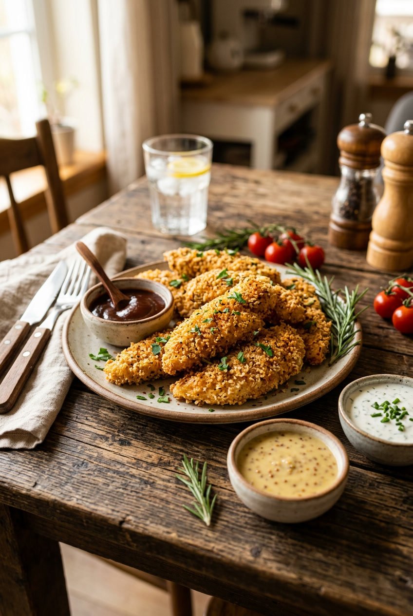 A plate of oven-baked chicken tenders with a deep golden Parmesan breadcrumb crust, served alongside small bowls of honey mustard and marinara dipping sauce on a wooden table.