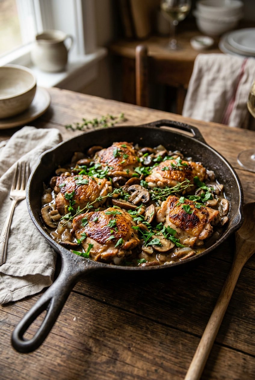 A large skillet with seared chicken breasts and sliced brown mushrooms in a creamy pale pan sauce, garnished with fresh thyme leaves on a wooden surface.