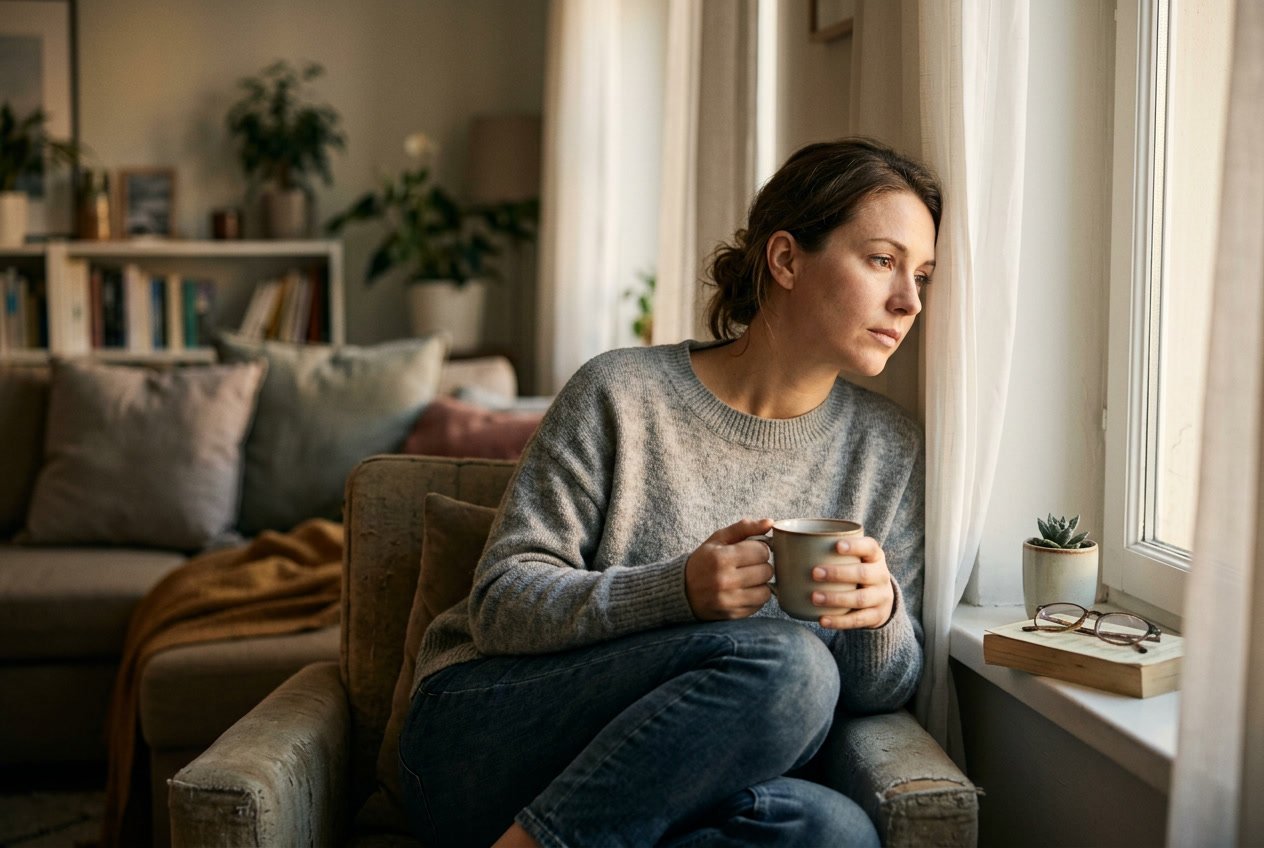 A person sitting alone by a window, looking outside thoughtfully with a quiet, reflective expression.