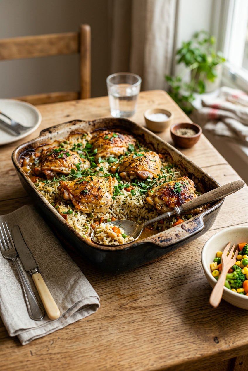 A freshly baked chicken and rice casserole with a golden cheese top layer in a deep white ceramic baking dish, garnished with fresh parsley on a wooden table.