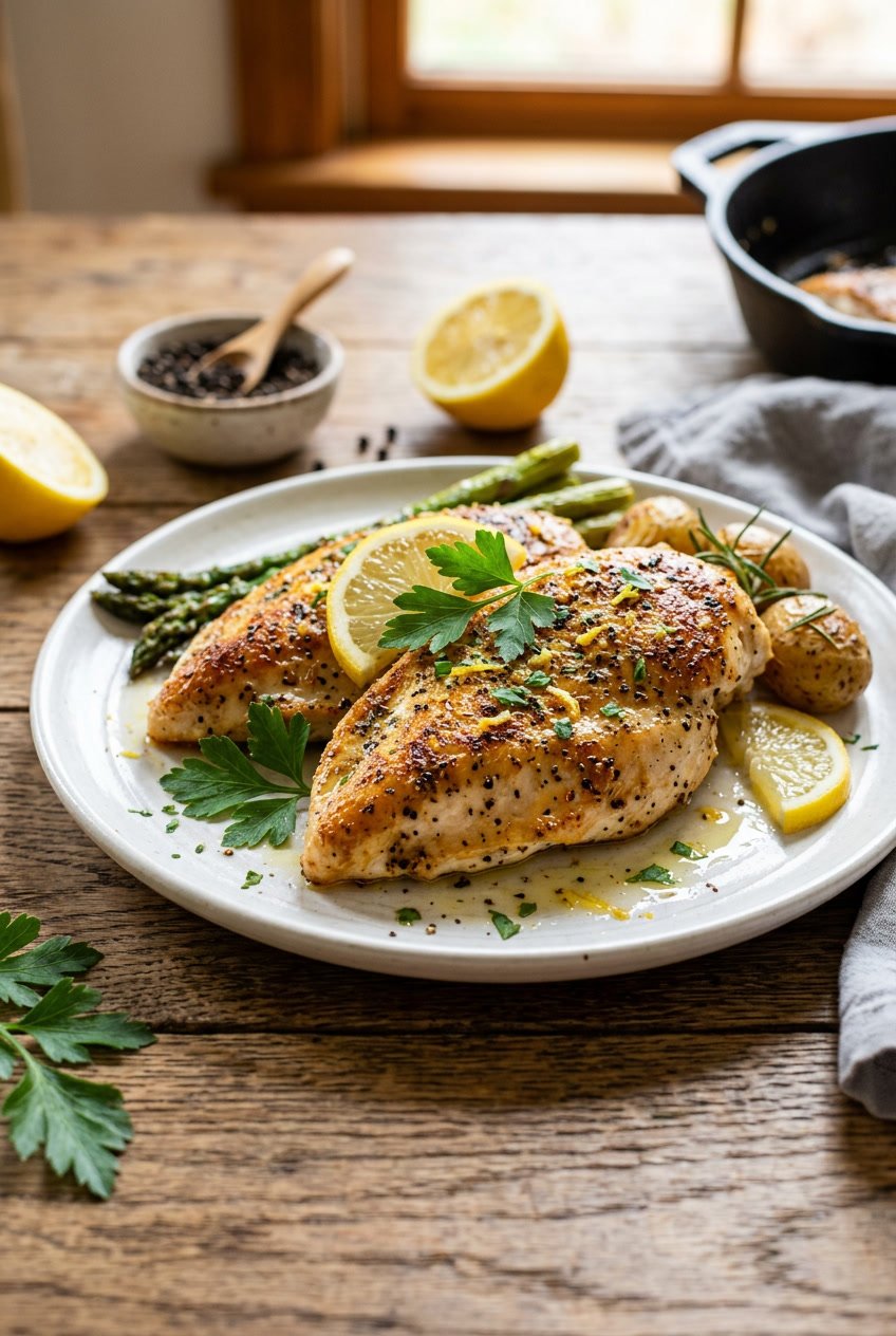 Two lemon pepper chicken breasts on a white plate with thin lemon slices and chopped flat-leaf parsley, photographed on a warm wooden table surface.