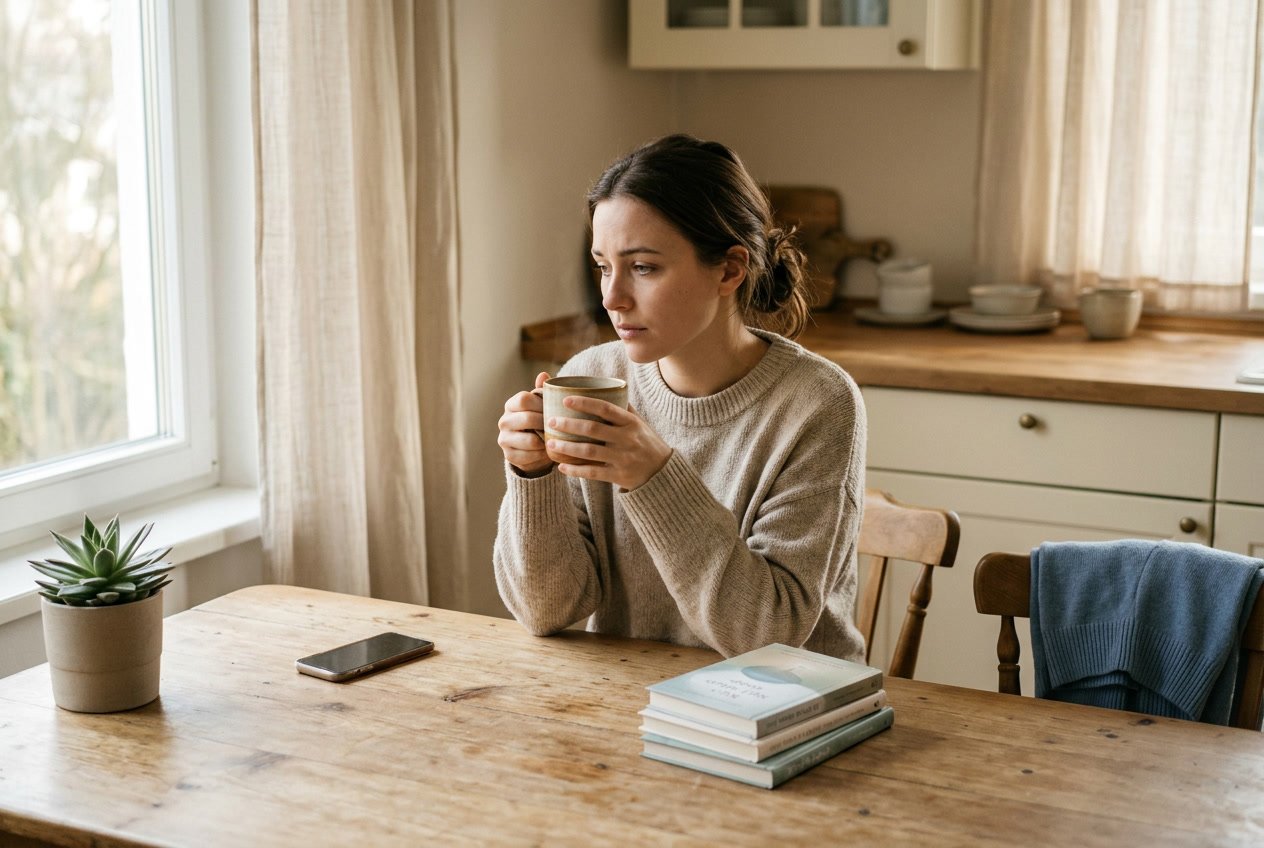 A person sitting alone at a kitchen table holding a cup, looking thoughtful and reflective in a softly lit room.