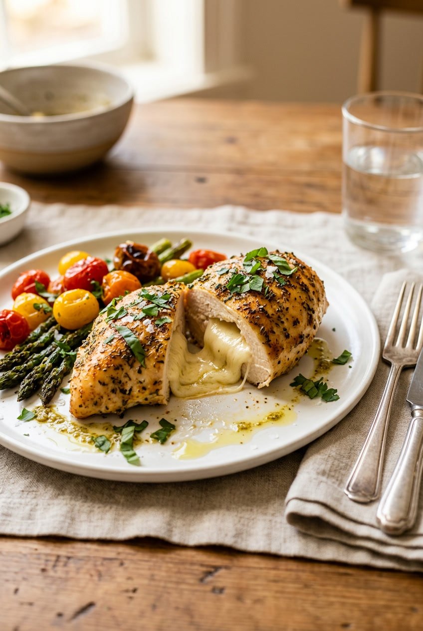 A sliced mozzarella-stuffed chicken breast on a white plate showing melted cheese stretching from the center, garnished with fresh basil and served alongside roasted zucchini.