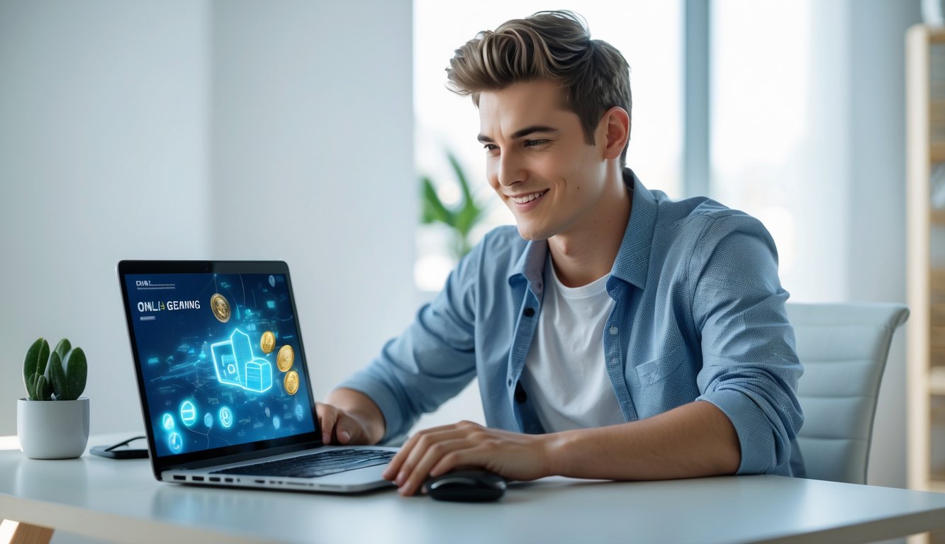 Seorang pria muda duduk di depan laptop di ruang kerja rumah yang rapi dan terang, fokus menggunakan layanan deposit online.