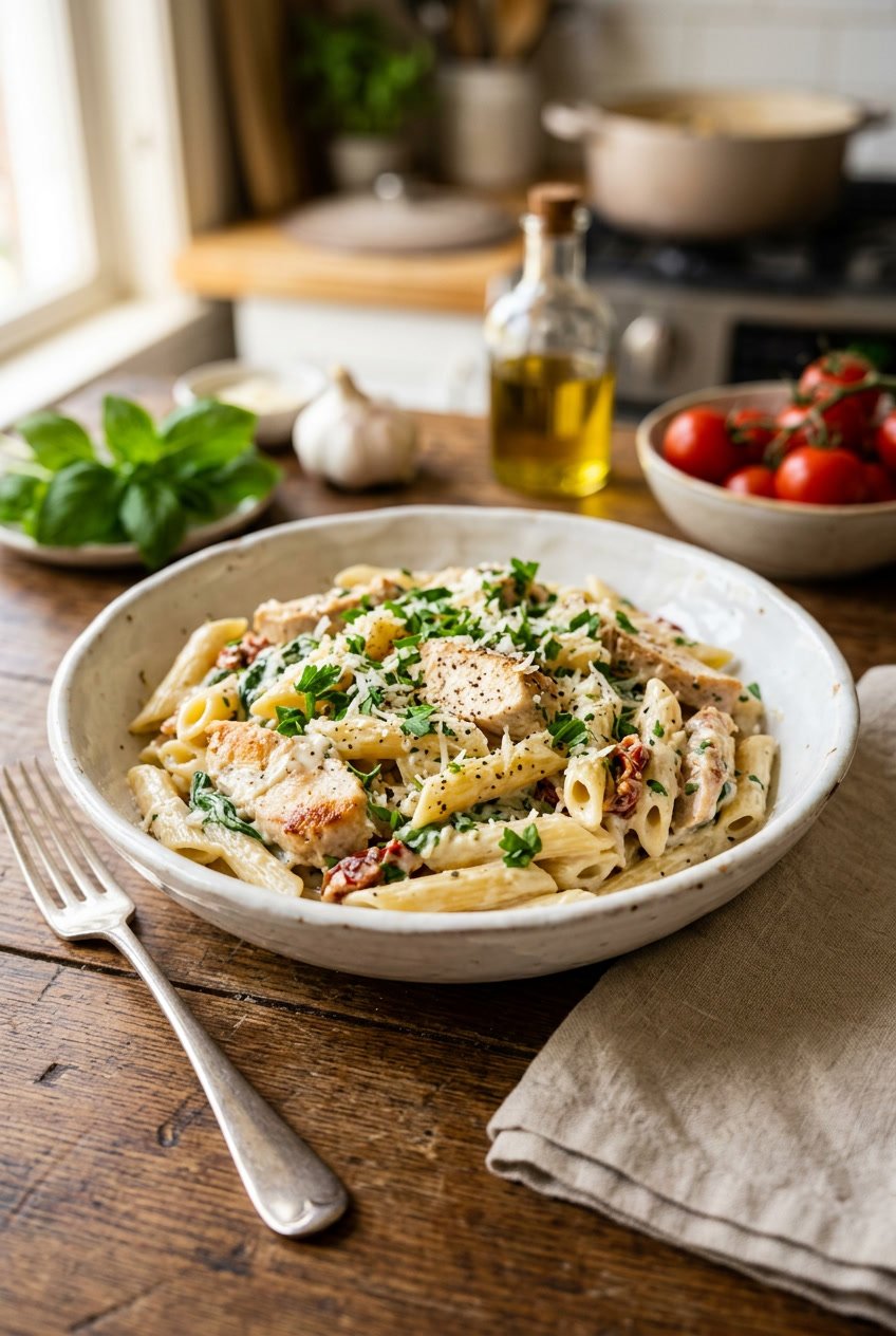 A deep bowl of creamy penne pasta with tender chicken pieces, topped with fresh chopped parsley and shaved Parmesan, with a blurred kitchen background.