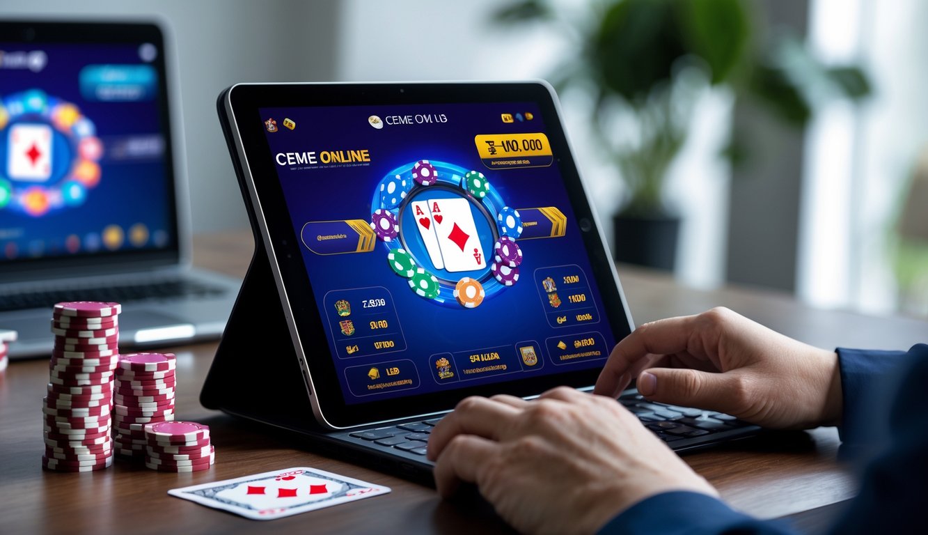 Seorang pemain menggunakan perangkat digital untuk bermain permainan kartu Ceme online dengan tumpukan chip dan uang di meja.