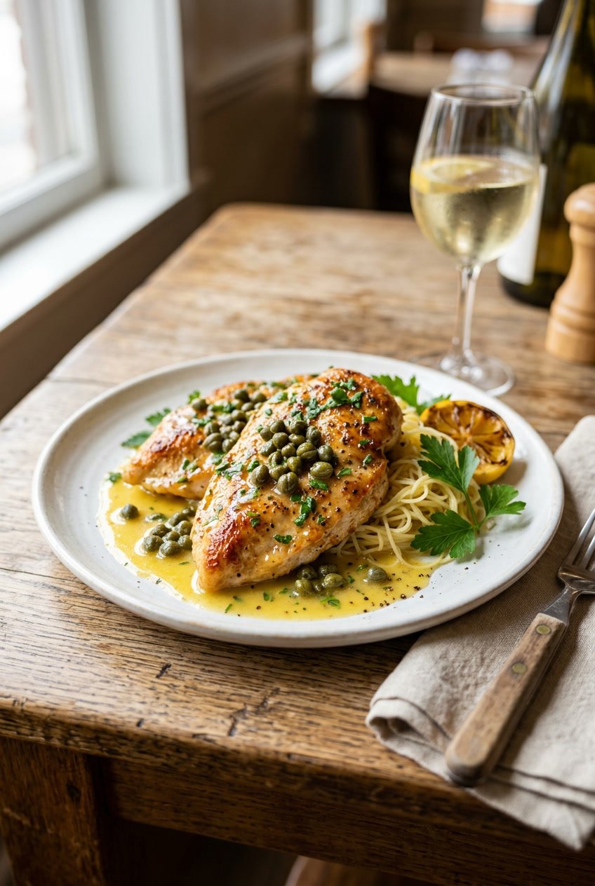 A white plate with four thin-sliced chicken piccata cutlets topped with a translucent lemon butter sauce and scattered green capers, photographed on a wooden table.