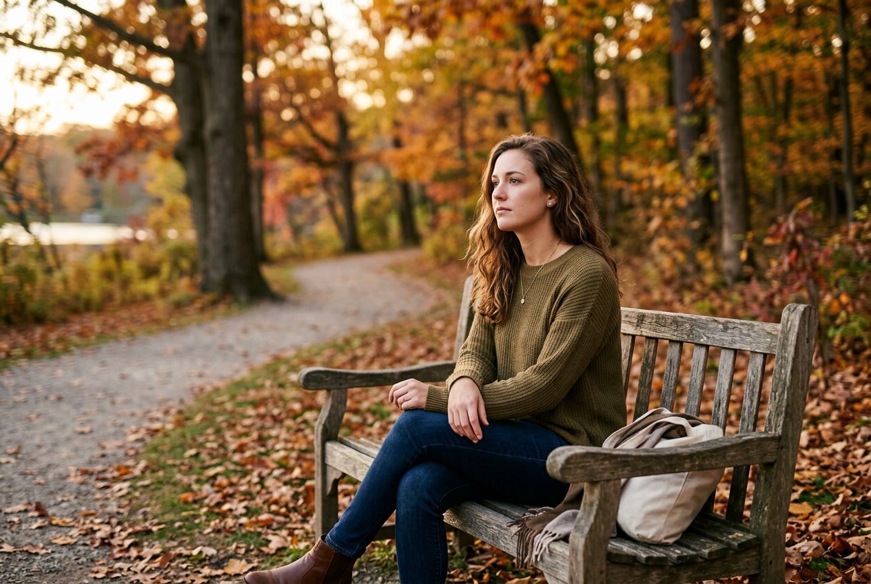 A young woman sitting alone on a park bench, looking thoughtfully into the distance surrounded by autumn trees and fallen leaves.