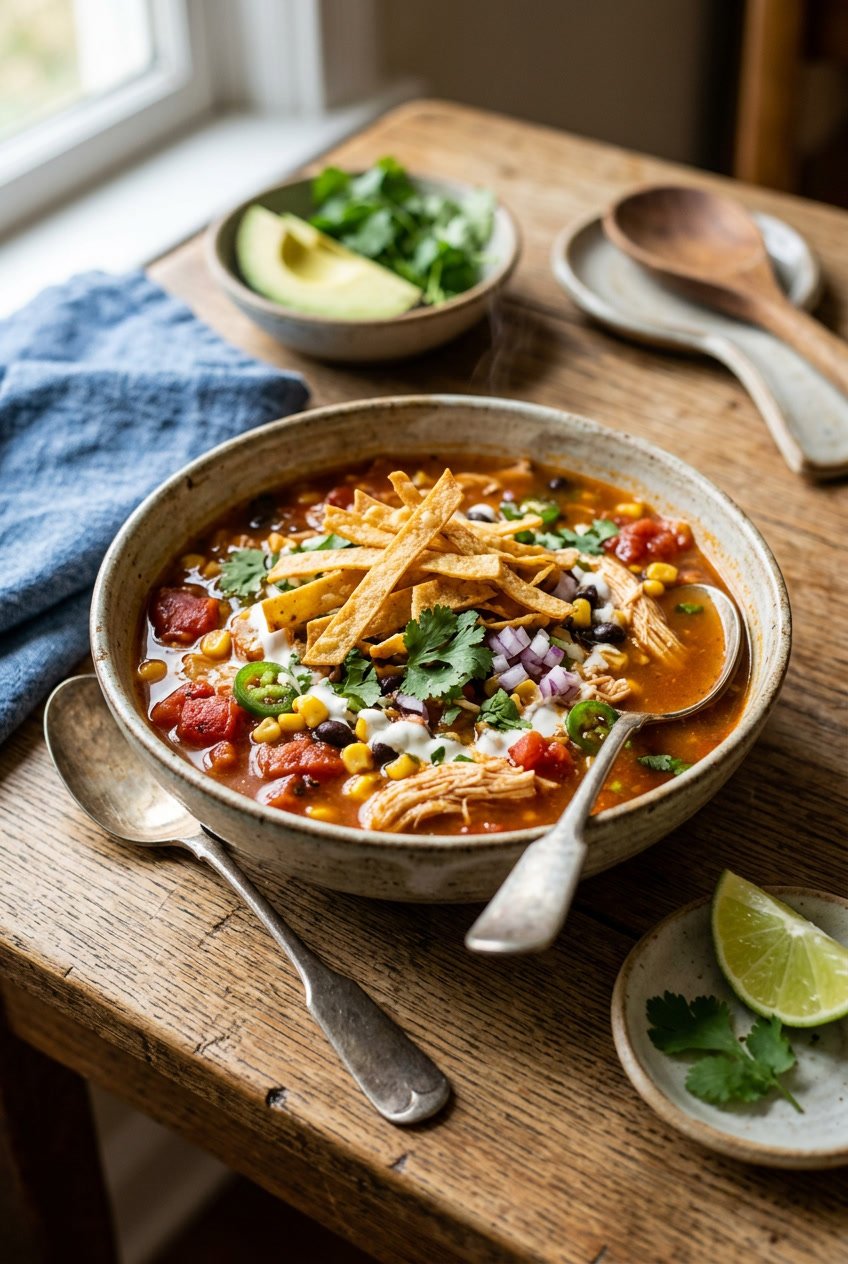 A wide bowl of chicken tortilla soup with shredded chicken, black beans, and corn in a deep red broth, topped with crispy tortilla strips, fresh cilantro, and a lime wedge.