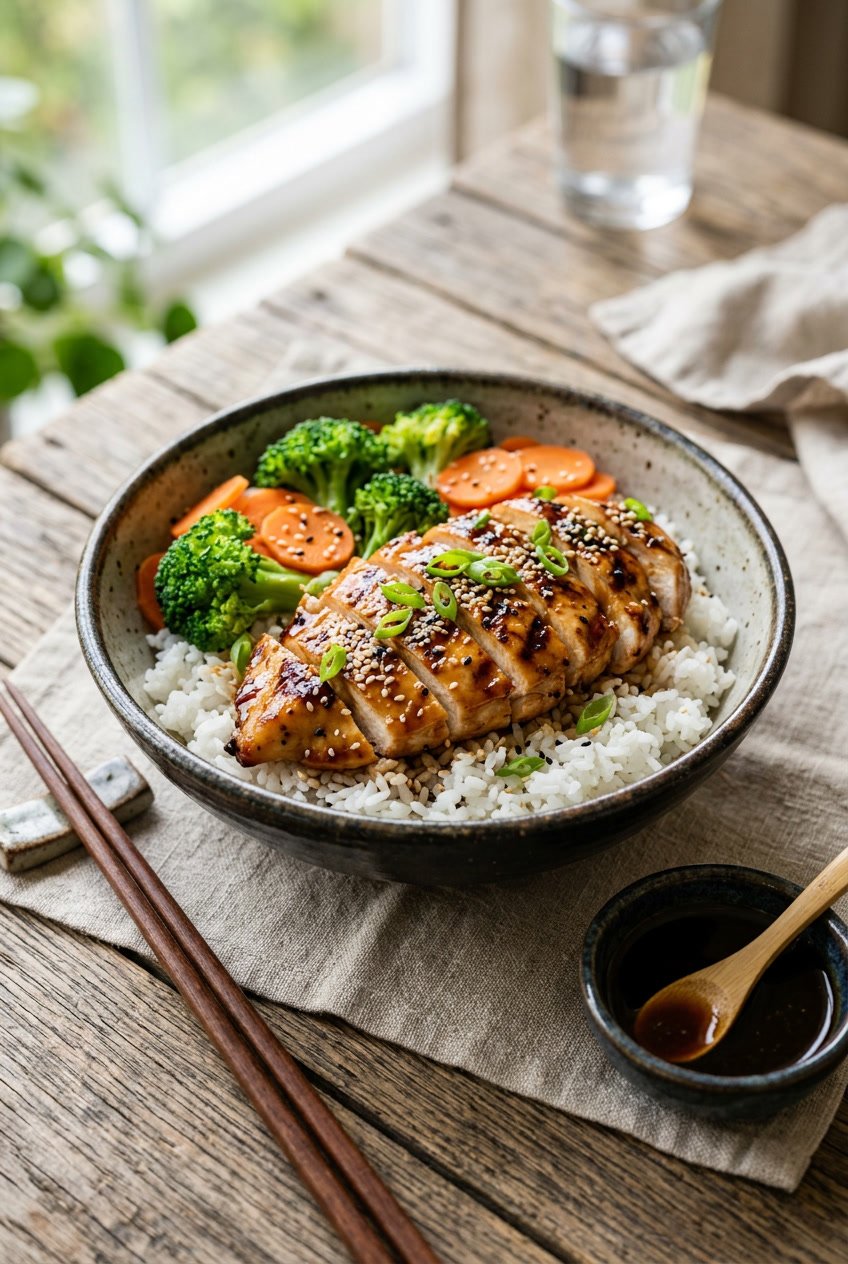 A white bowl with teriyaki-glazed chicken pieces over white rice, alongside steamed broccoli florets and shredded carrots, sprinkled with sesame seeds on a wooden table.