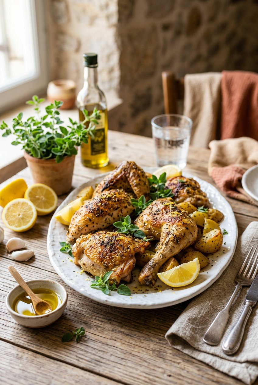 Roasted chicken breasts with a golden herb crust on a white plate, garnished with fresh oregano sprigs and lemon wedges on a warm wooden table surface.