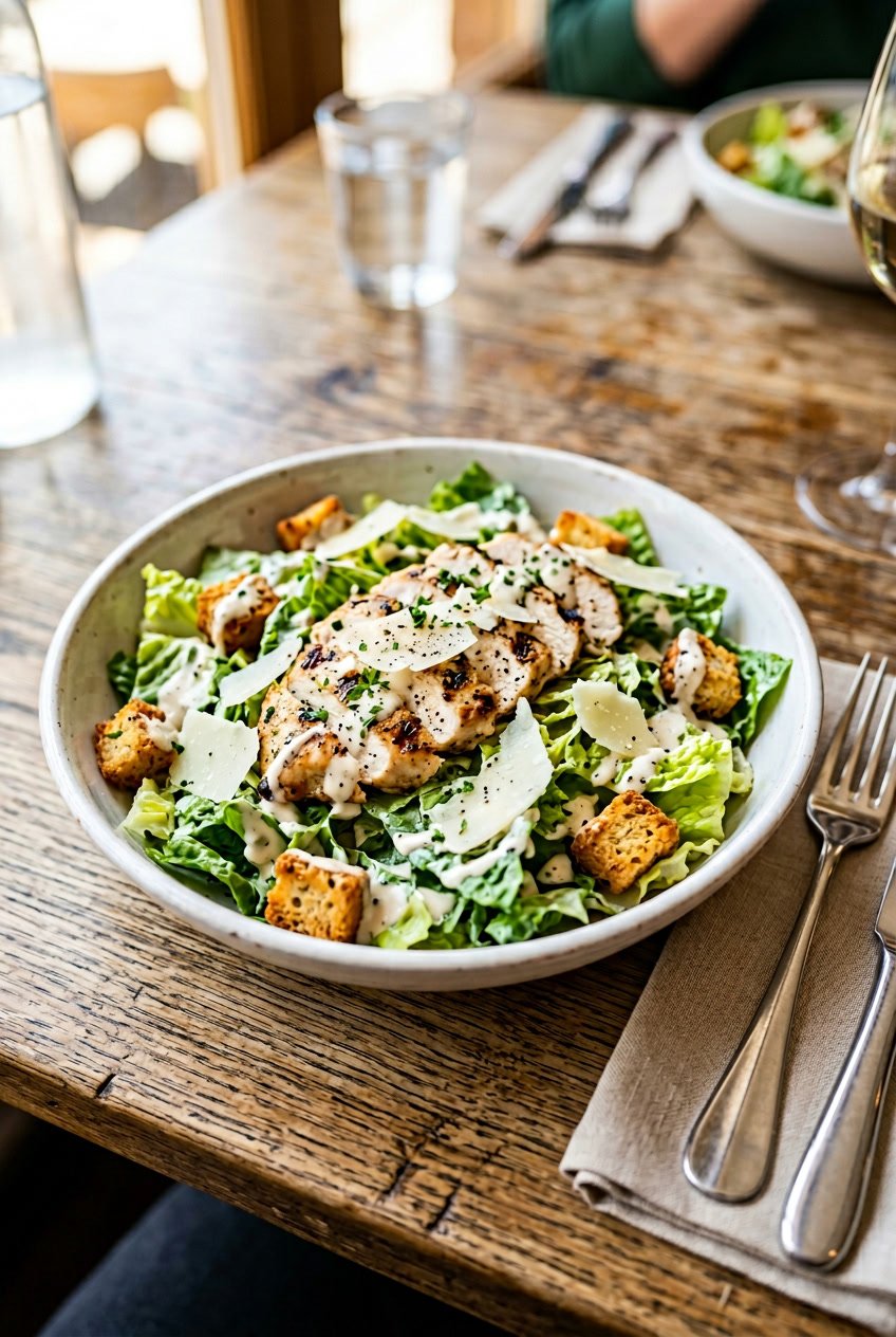 A large white bowl with chopped romaine lettuce, sliced grilled chicken, golden croutons, shaved Parmesan, and a creamy Caesar dressing, photographed on a wooden table.