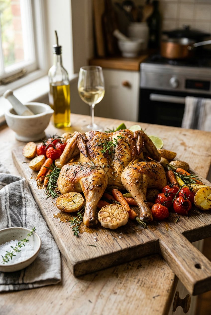 A whole spatchcocked roast chicken with burnished golden-brown skin on a wooden cutting board, surrounded by roasted cherry tomatoes, baby potatoes, and fresh rosemary sprigs.