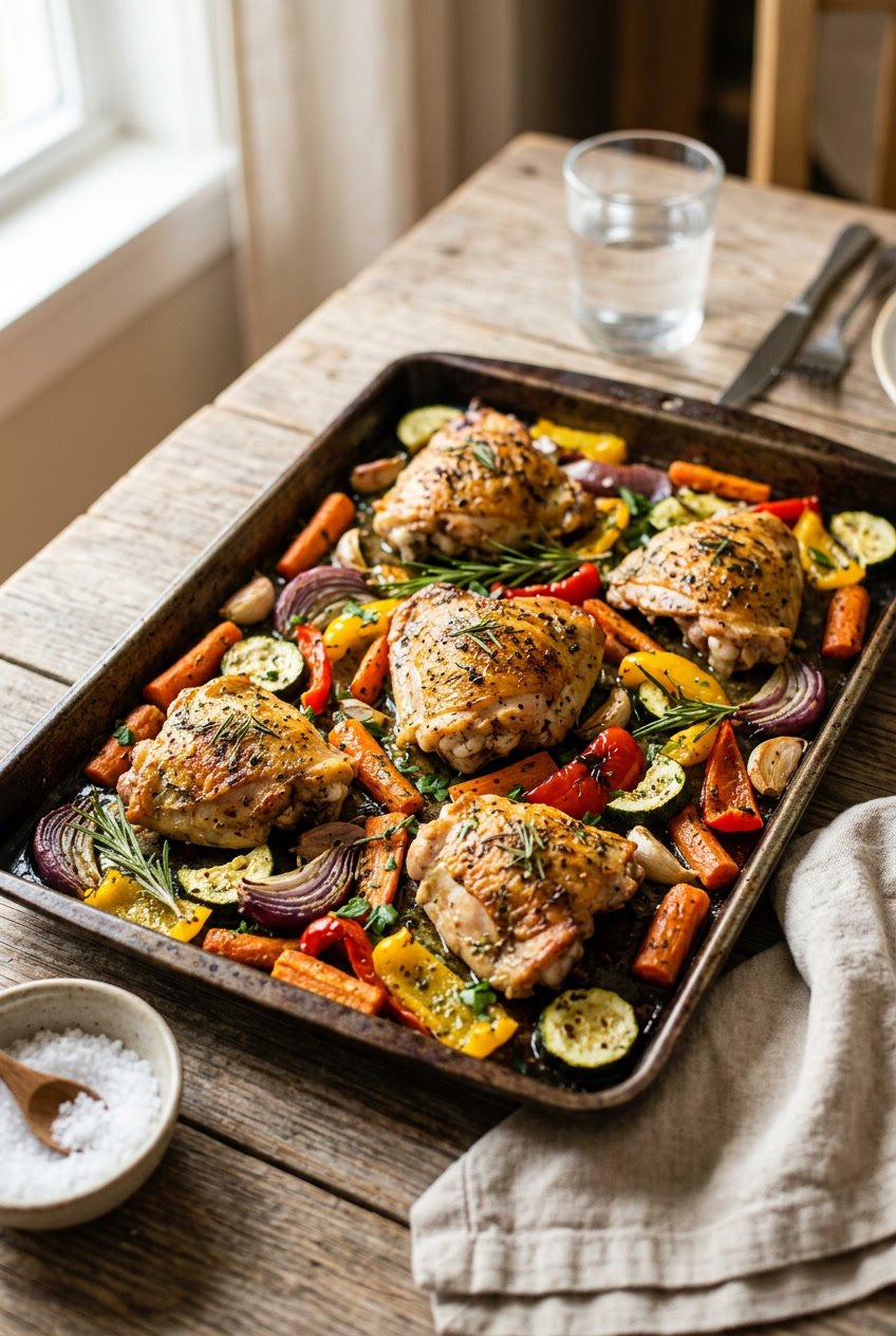 A foil-lined sheet pan with four seasoned chicken thighs surrounded by roasted broccoli, halved baby potatoes, and red bell pepper slices on a wooden surface.