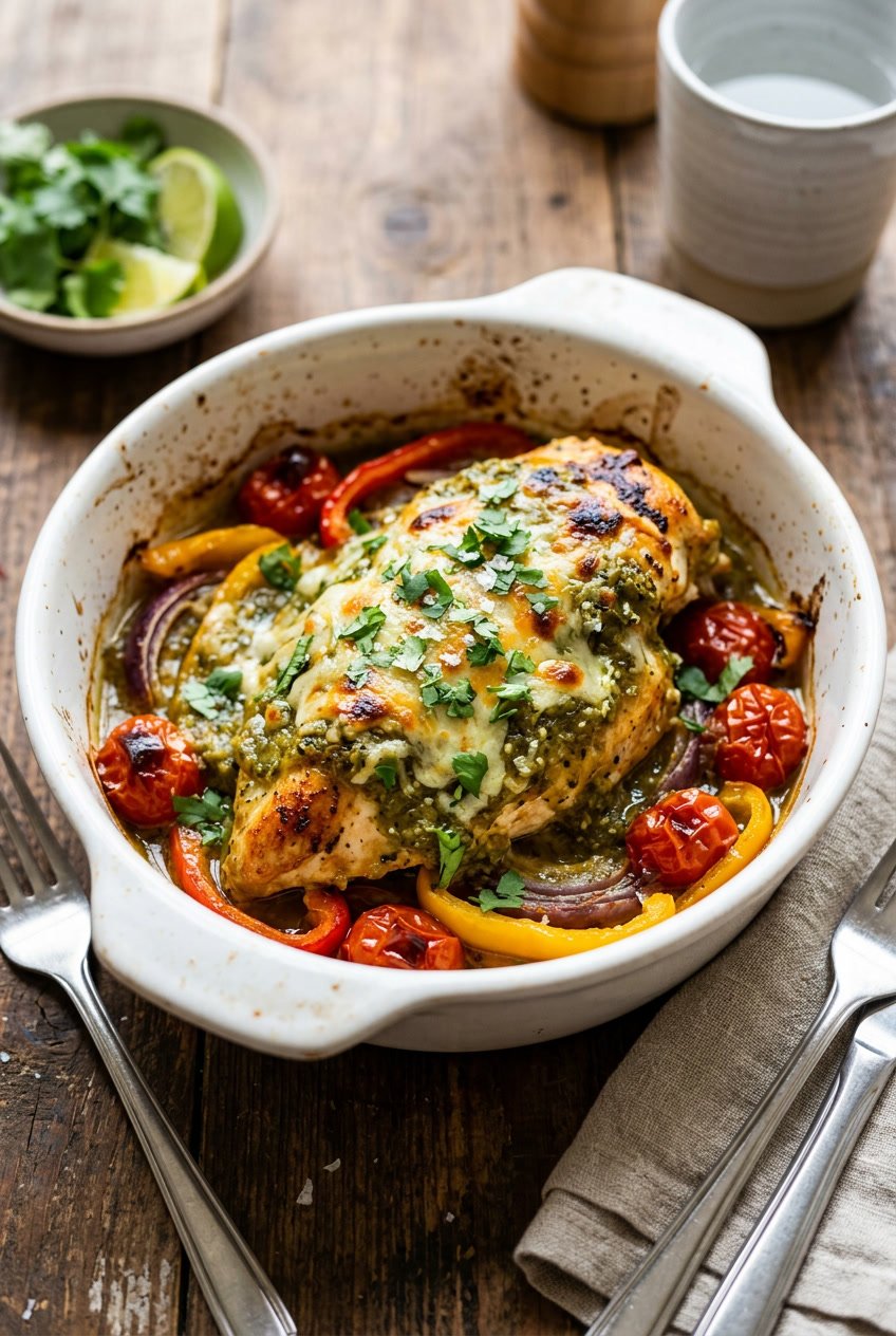 Baked chicken breasts topped with bright green salsa verde and bubbling melted white cheese in a white ceramic baking dish, garnished with fresh cilantro leaves.