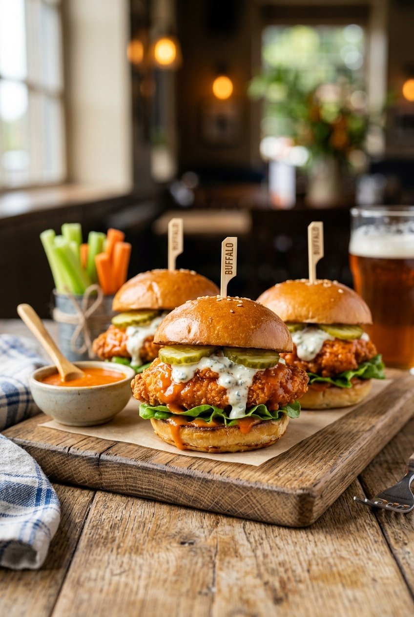 Three buffalo chicken sliders on a wooden serving board with shredded lettuce and drizzled sauce, flanked by crisp celery sticks and a small ramekin of blue cheese dip.