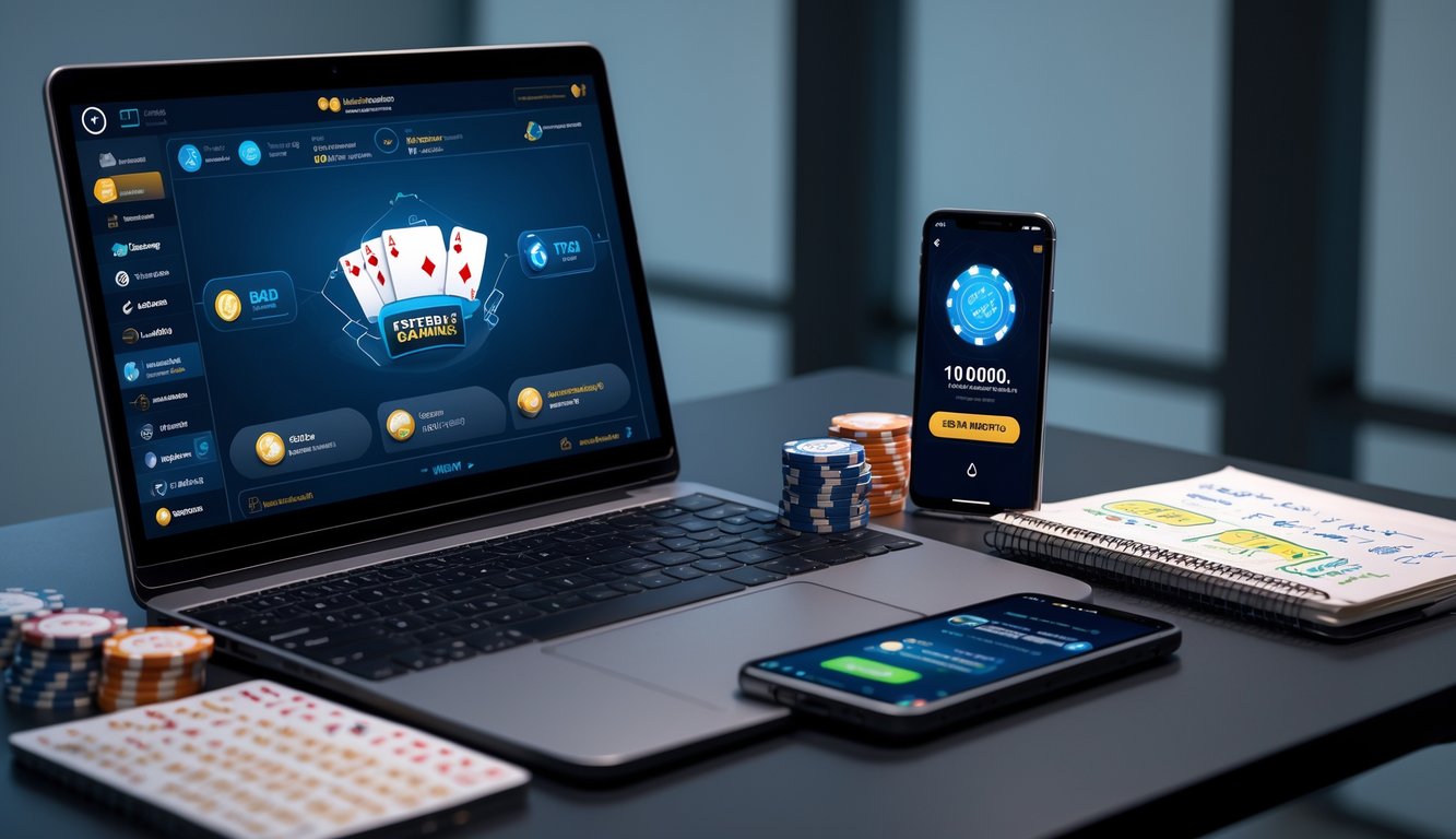 Meja kerja dengan laptop menampilkan permainan kartu online, tumpukan chip poker, dan ponsel yang menunjukkan transaksi deposit aman.