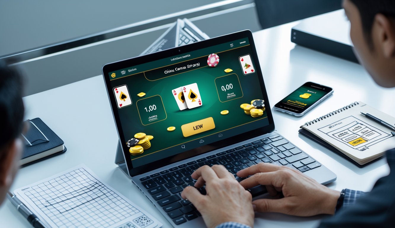 Seorang pemain fokus menggunakan laptop dengan tampilan permainan kartu Ceme online dan chip taruhan di meja.