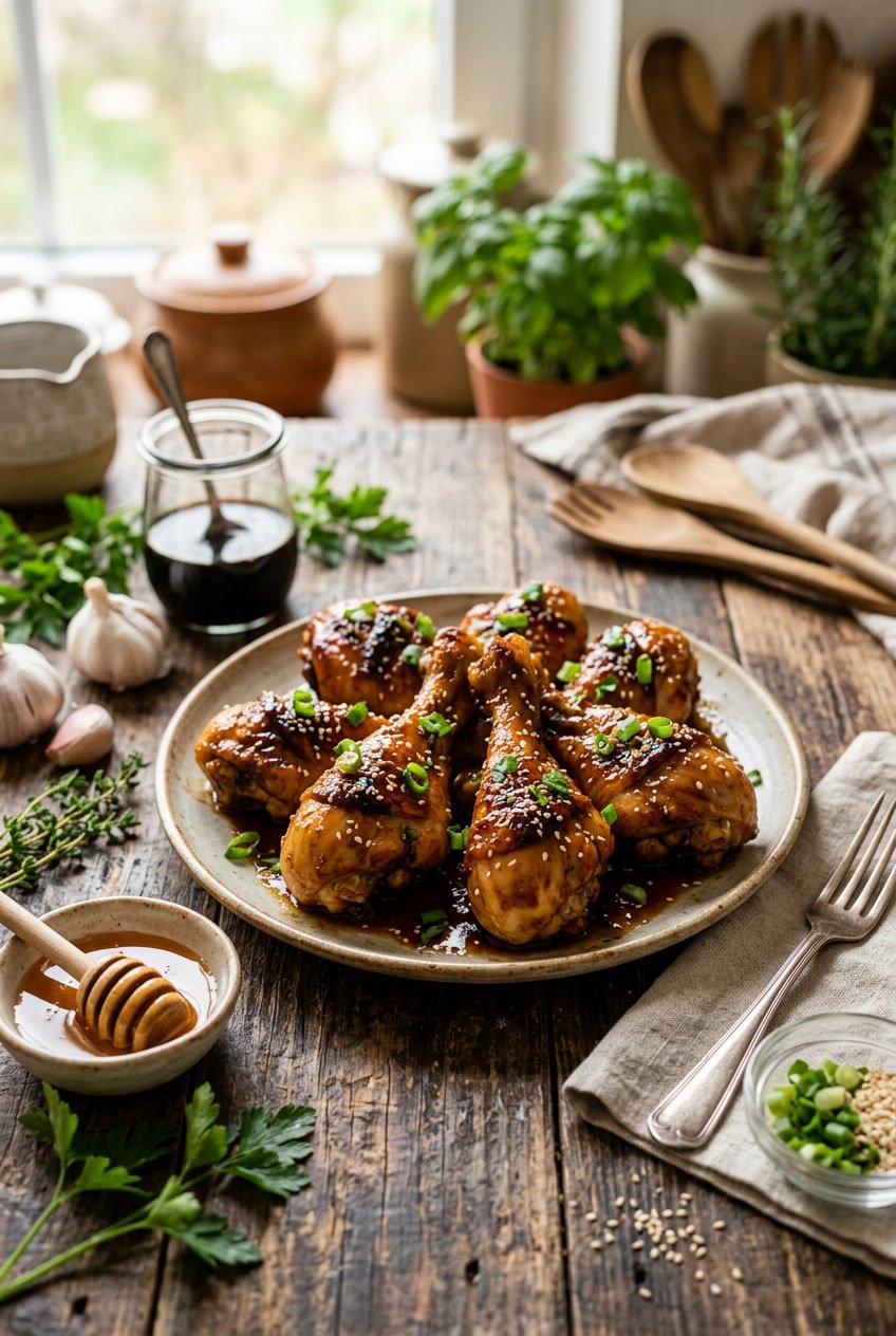 A plate of lacquered honey soy glazed chicken drumsticks with deep mahogany-colored skin, scattered with sesame seeds and sliced green onions, surrounded by fresh ginger and garlic on a wooden table.