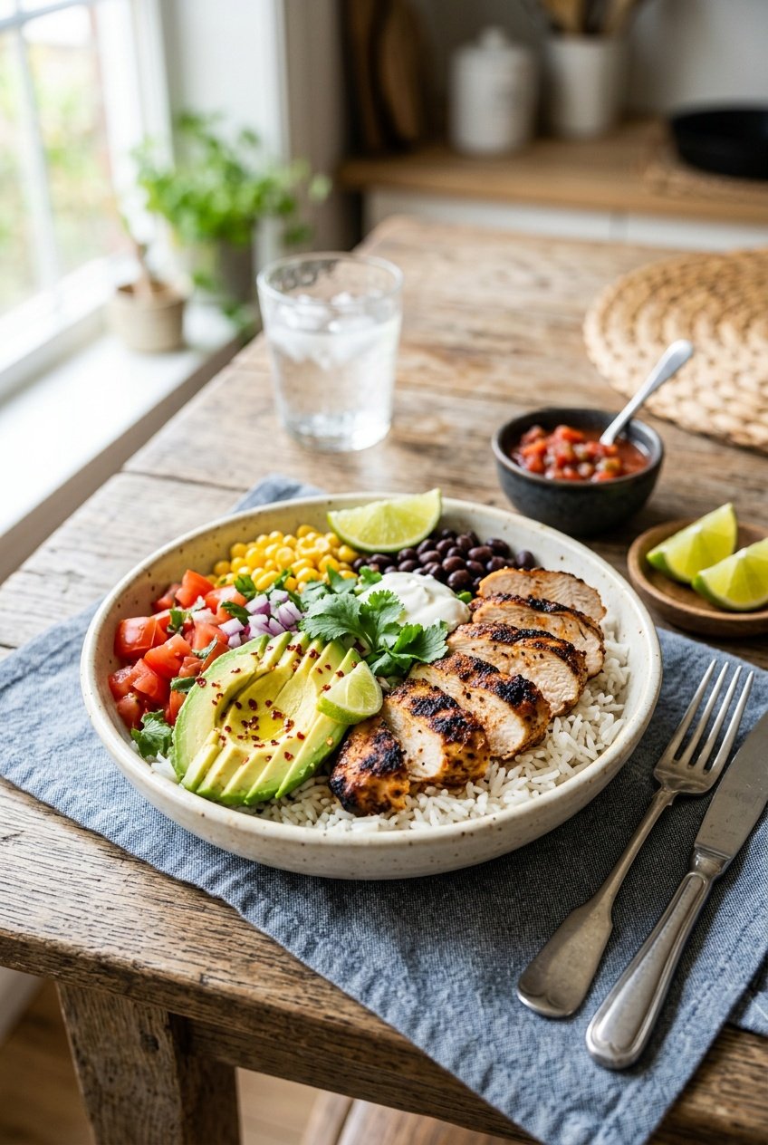 A wide ceramic bowl with seasoned grilled chicken, white rice, black beans, sweet corn, diced tomatoes, sliced avocado, and a spoonful of sour cream, photographed on a wooden table.