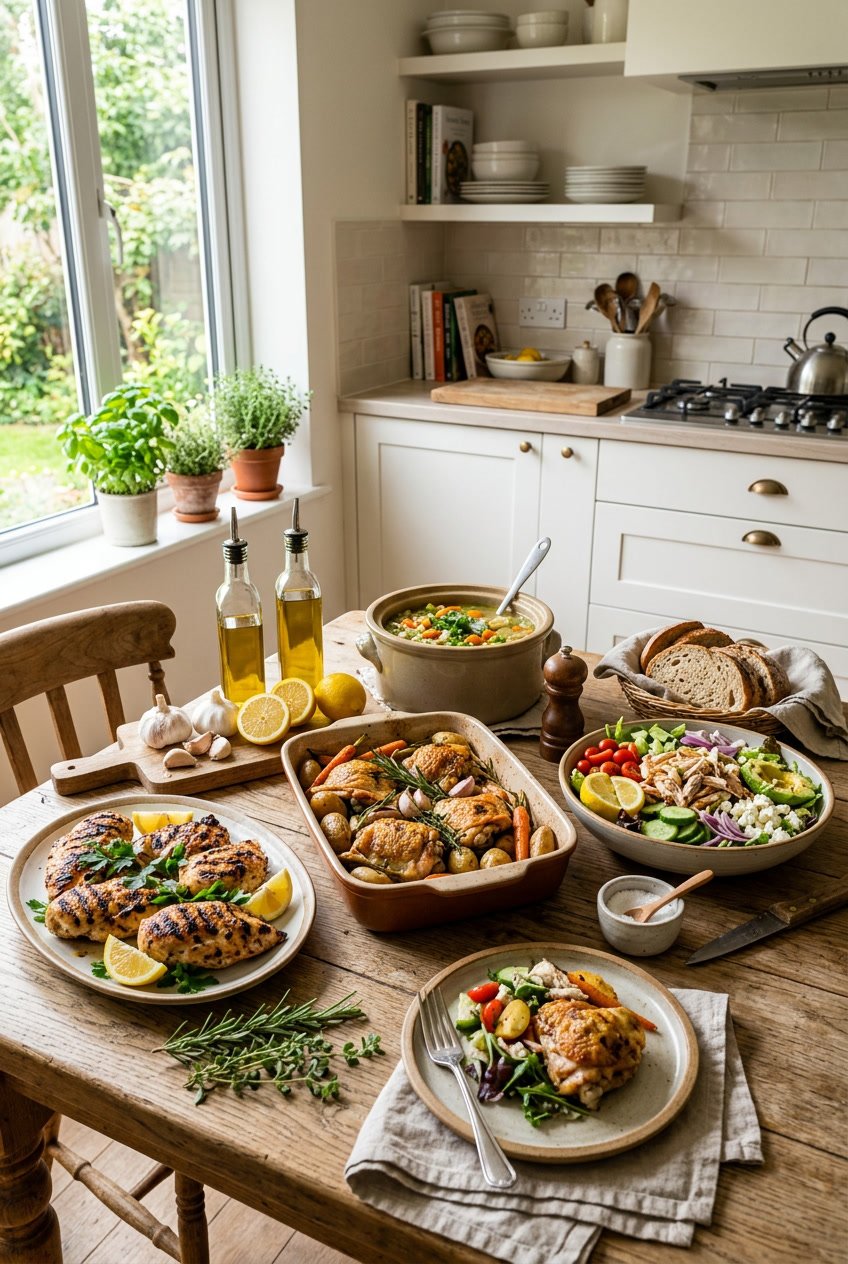 A bright kitchen table set with multiple cooked chicken dishes, fresh herbs, sliced lemons, and small bowls of spices arranged around the centerpiece spread.