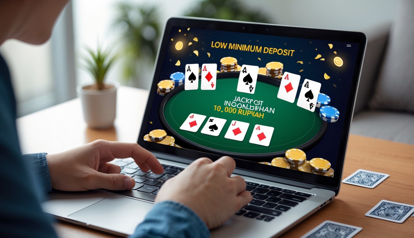 Orang menggunakan laptop dengan permainan kartu online dan chip di layar, menunjukkan suasana kemenangan dan kemudahan bermain.