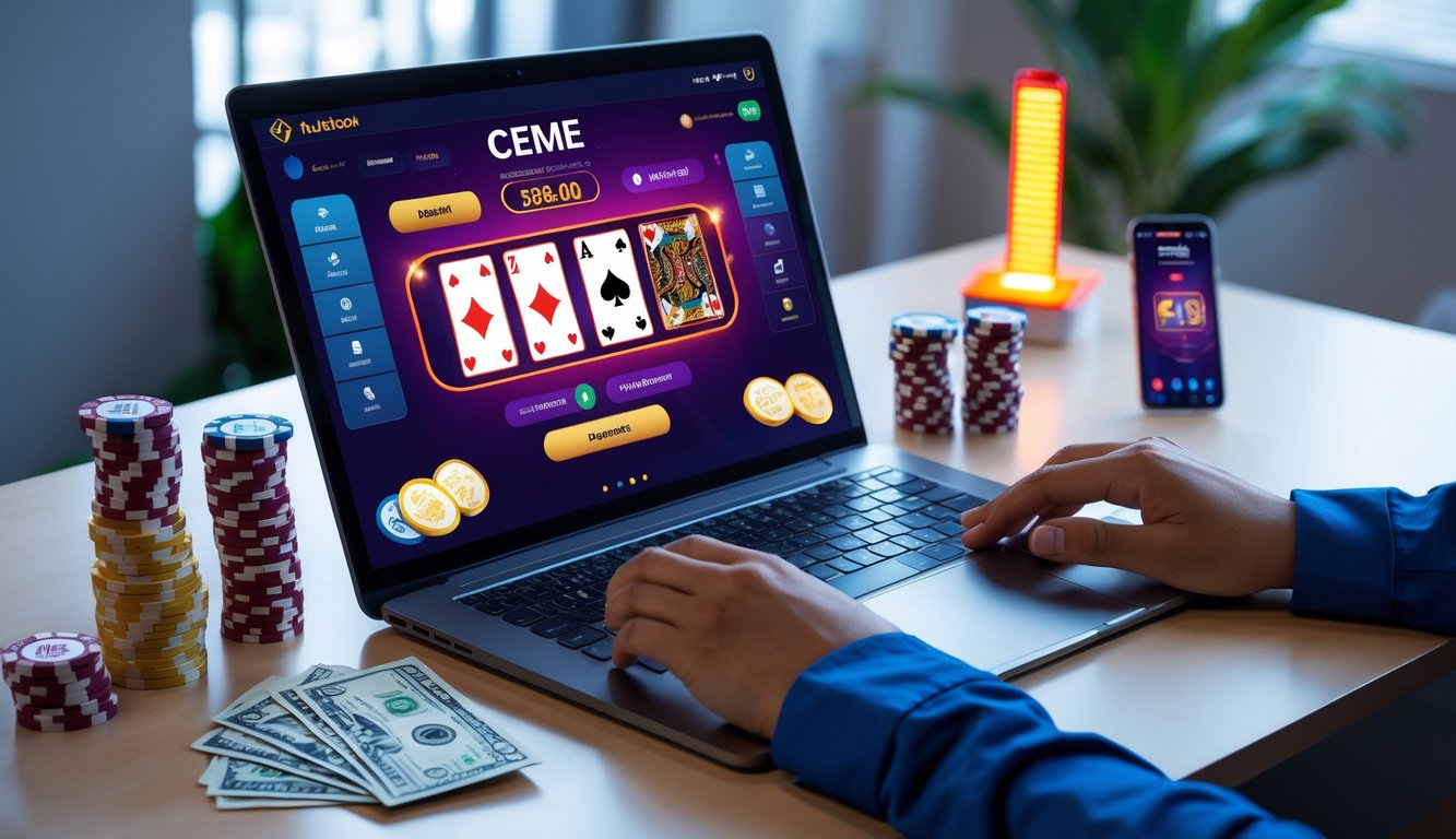 Meja kerja dengan komputer menampilkan permainan kartu Ceme online dan tumpukan chip judi di sekitarnya.