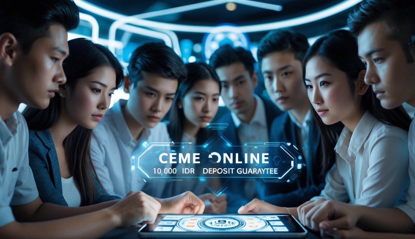 Sekelompok orang muda sedang menggunakan perangkat digital untuk bermain game online dengan suasana yang menunjukkan keamanan dan keadilan.