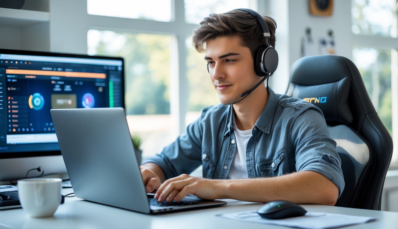 Seorang pria muda duduk di meja dengan laptop, fokus bermain permainan kartu online di ruang kerja yang terang dan rapi.